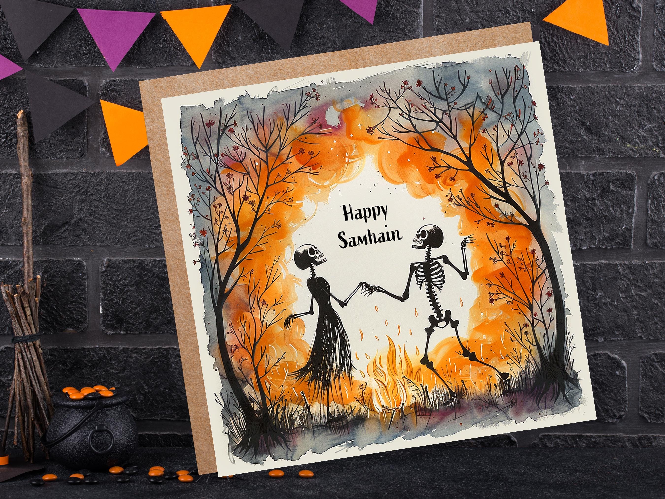 Happy Samhain Card Skeleton Couple Dancing by Bonfire Autumn Trees Unique Pagan Alternate Halloween Greeting Cards for Family Friends Party - View 5