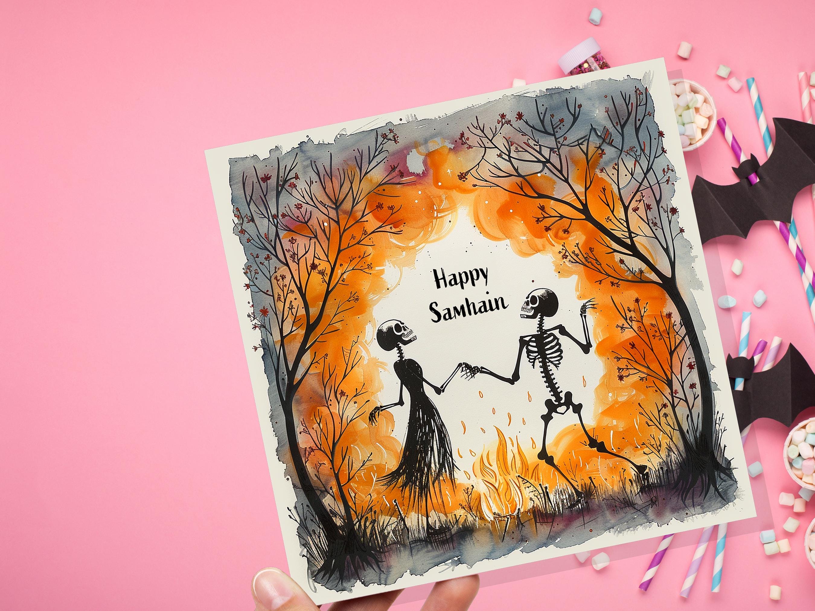 Happy Samhain Card Skeleton Couple Dancing by Bonfire Autumn Trees Unique Pagan Alternate Halloween Greeting Cards for Family Friends Party - View 6