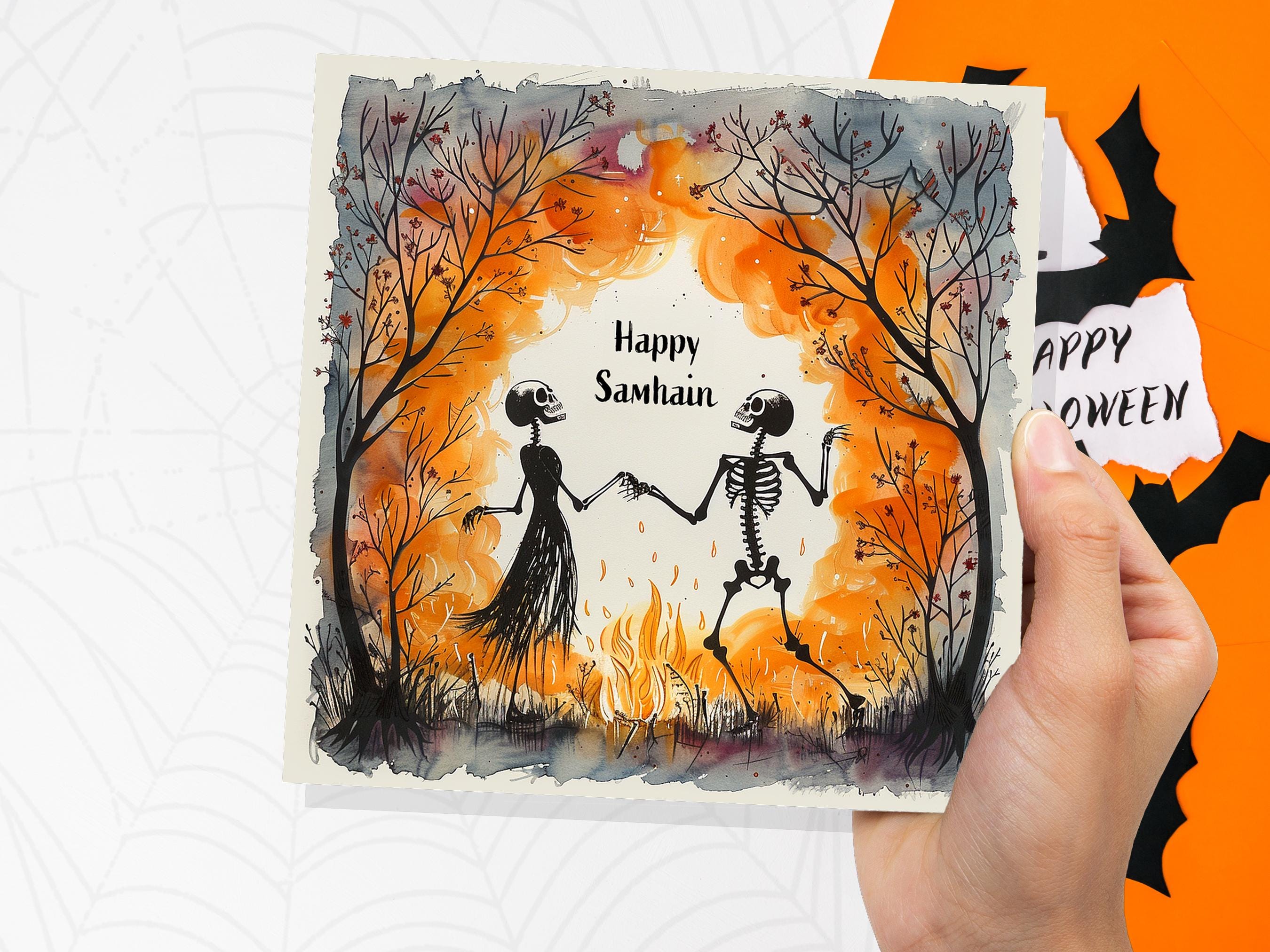 Happy Samhain Card Skeleton Couple Dancing by Bonfire Autumn Trees Unique Pagan Alternate Halloween Greeting Cards for Family Friends Party - View 7