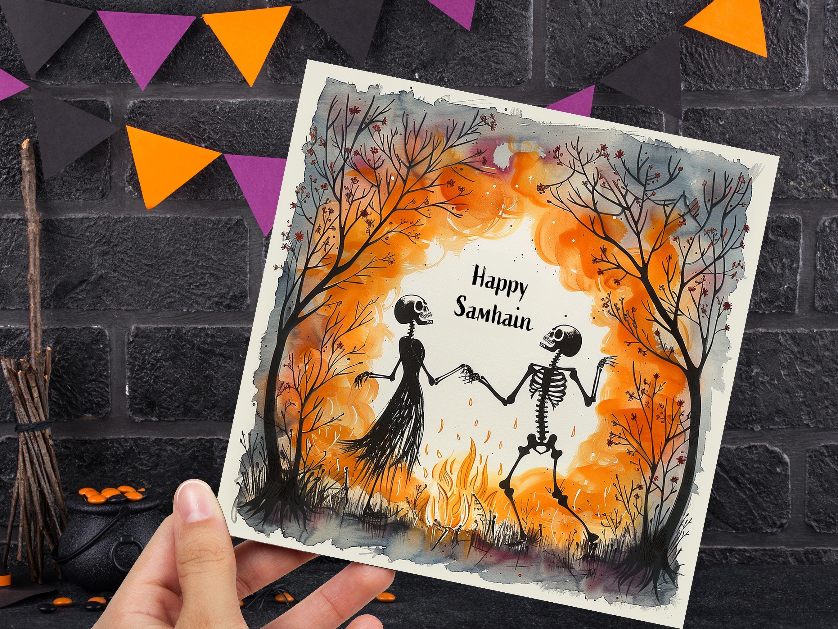 Happy Samhain Card Skeleton Couple Dancing by Bonfire Autumn Trees Unique Pagan Alternate Halloween Greeting Cards for Family Friends Party - View 8