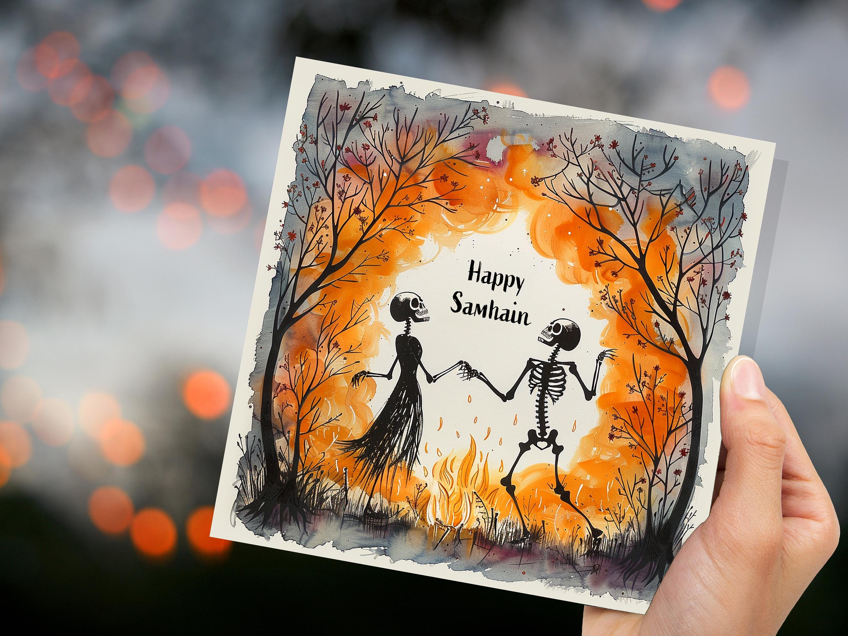 Happy Samhain Card Skeleton Couple Dancing by Bonfire Autumn Trees Unique Pagan Alternate Halloween Greeting Cards for Family Friends Party - View 9