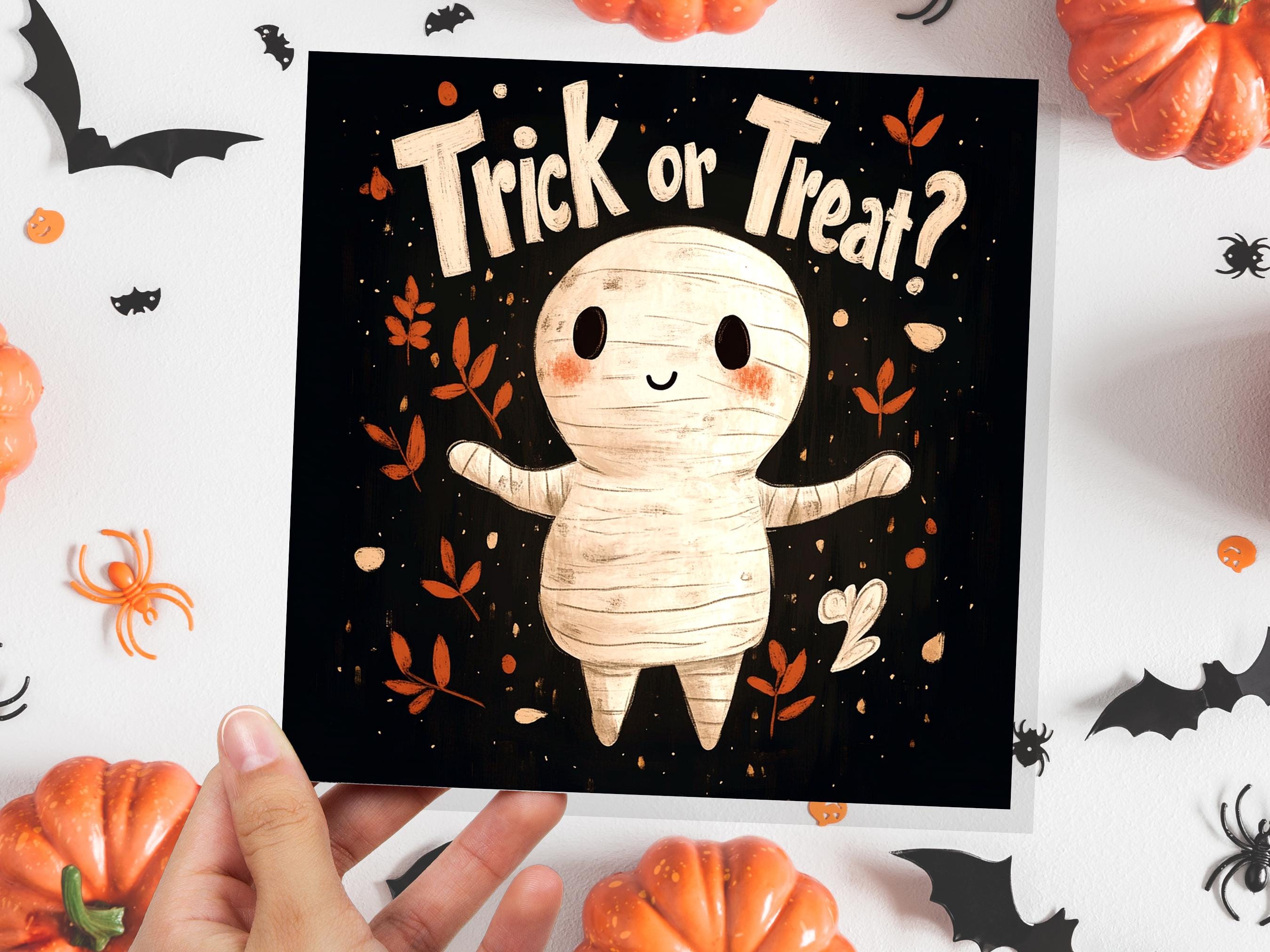 Trick or Treat Egyptian Mummy Halloween Greeting Card Unique Party Invitation Cute Mummified Monster Illustration Black & Orange For Kids