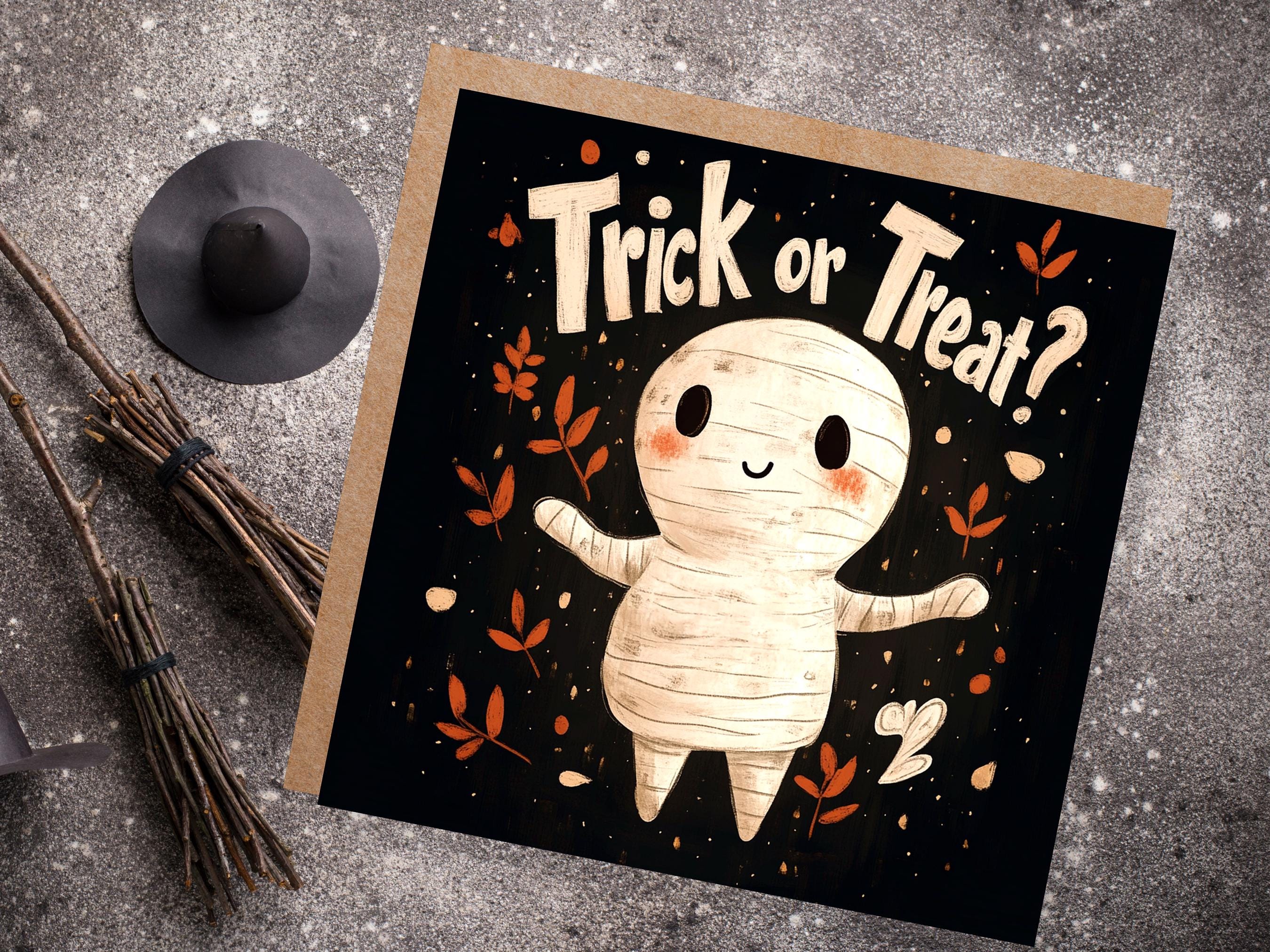 Trick or Treat Egyptian Mummy Halloween Greeting Card Unique Party Invitation Cute Mummified Monster Illustration Black & Orange For Kids - View 3