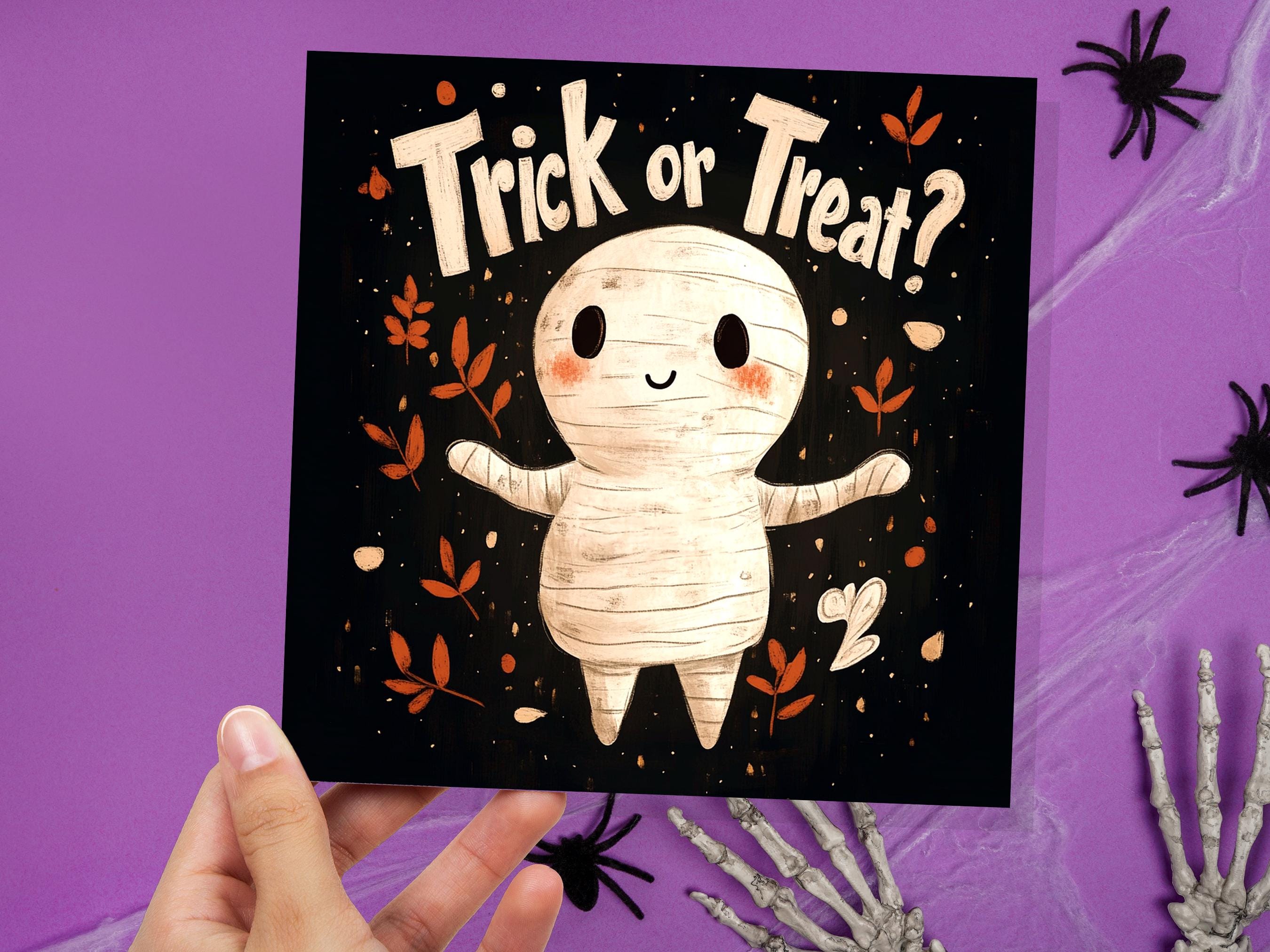 Trick or Treat Egyptian Mummy Halloween Greeting Card Unique Party Invitation Cute Mummified Monster Illustration Black & Orange For Kids - View 4