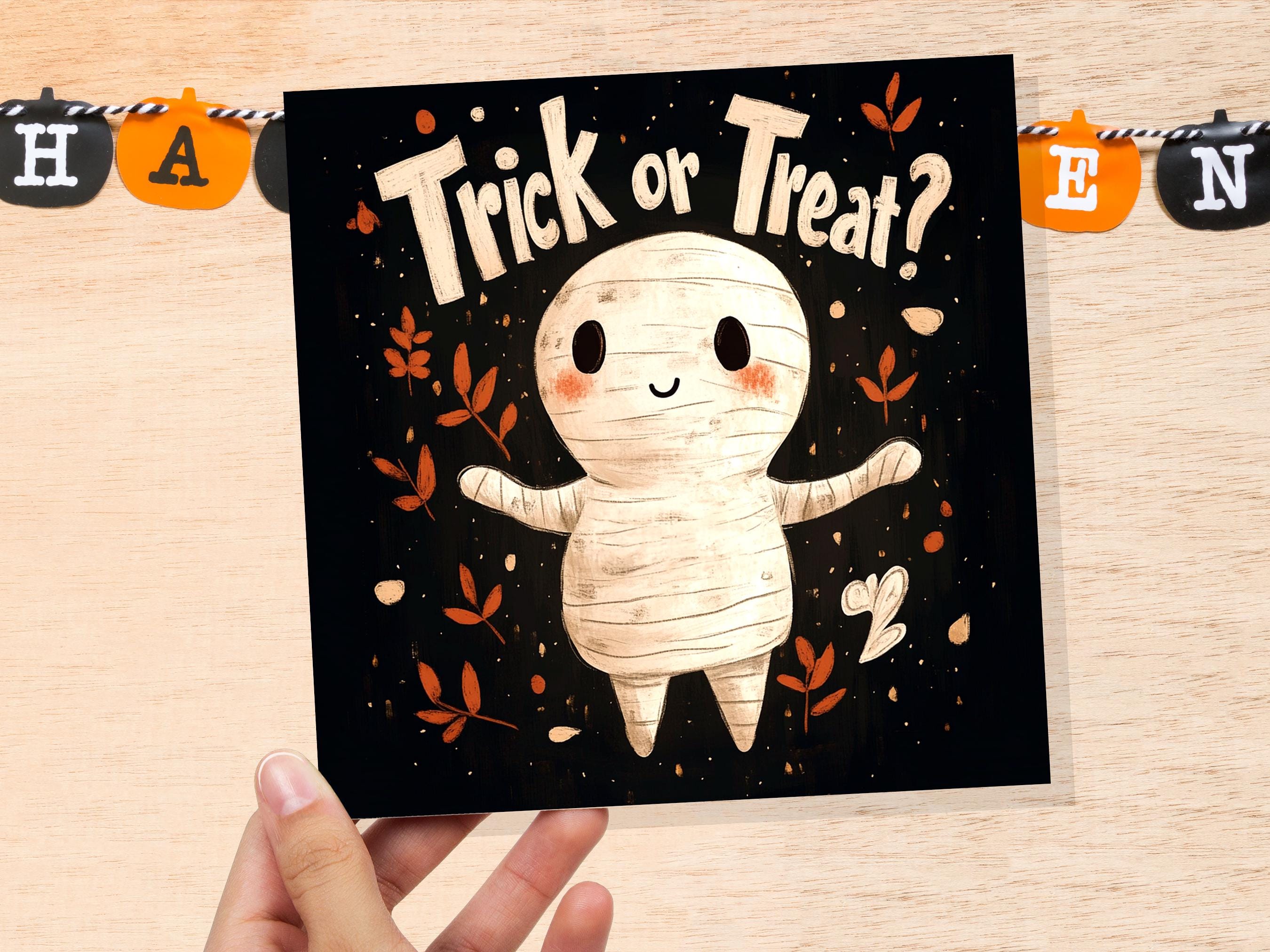 Trick or Treat Egyptian Mummy Halloween Greeting Card Unique Party Invitation Cute Mummified Monster Illustration Black & Orange For Kids - View 5