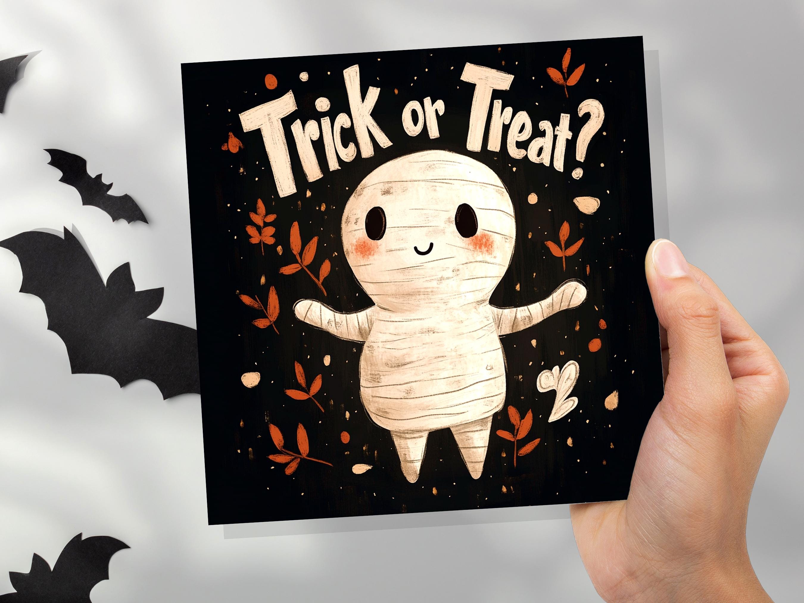 Trick or Treat Egyptian Mummy Halloween Greeting Card Unique Party Invitation Cute Mummified Monster Illustration Black & Orange For Kids - View 6