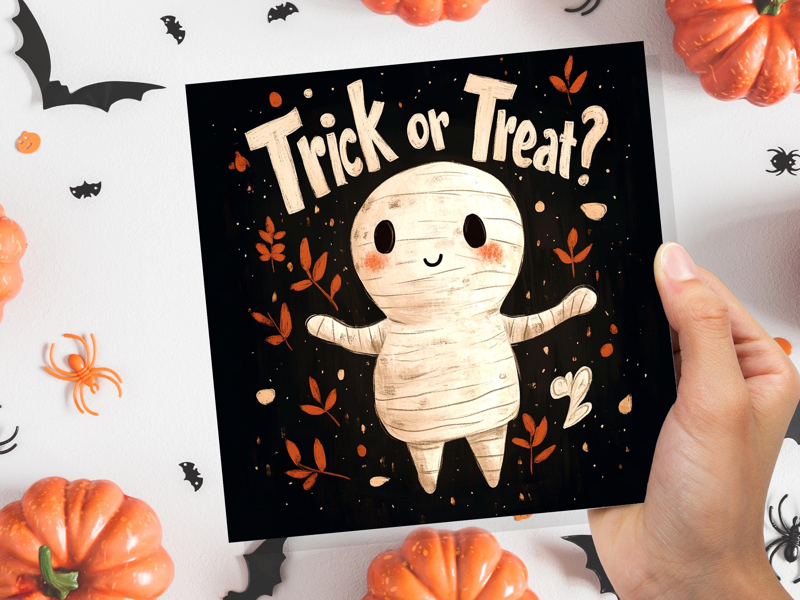 Trick or Treat Egyptian Mummy Halloween Greeting Card Unique Party Invitation Cute Mummified Monster Illustration Black & Orange For Kids - View 7