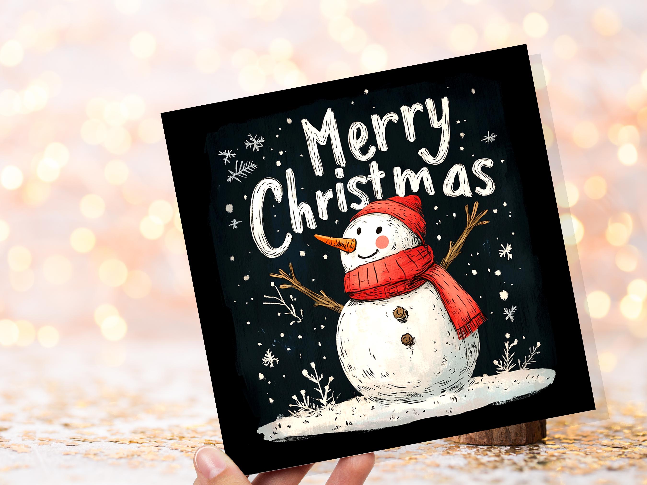 Merry Christmas Greeting Card with Cute Snowman Illustration with Snowflakes and Red Hat Scarf Unique Festive Card Family Friends Xmas 2024