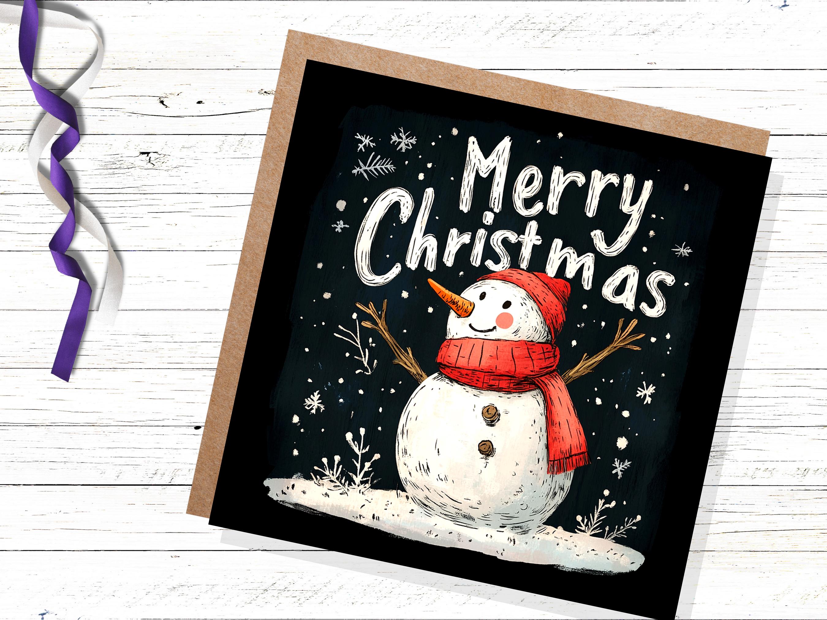 Merry Christmas Greeting Card with Cute Snowman Illustration with Snowflakes and Red Hat Scarf Unique Festive Card Family Friends Xmas 2024 - View 2