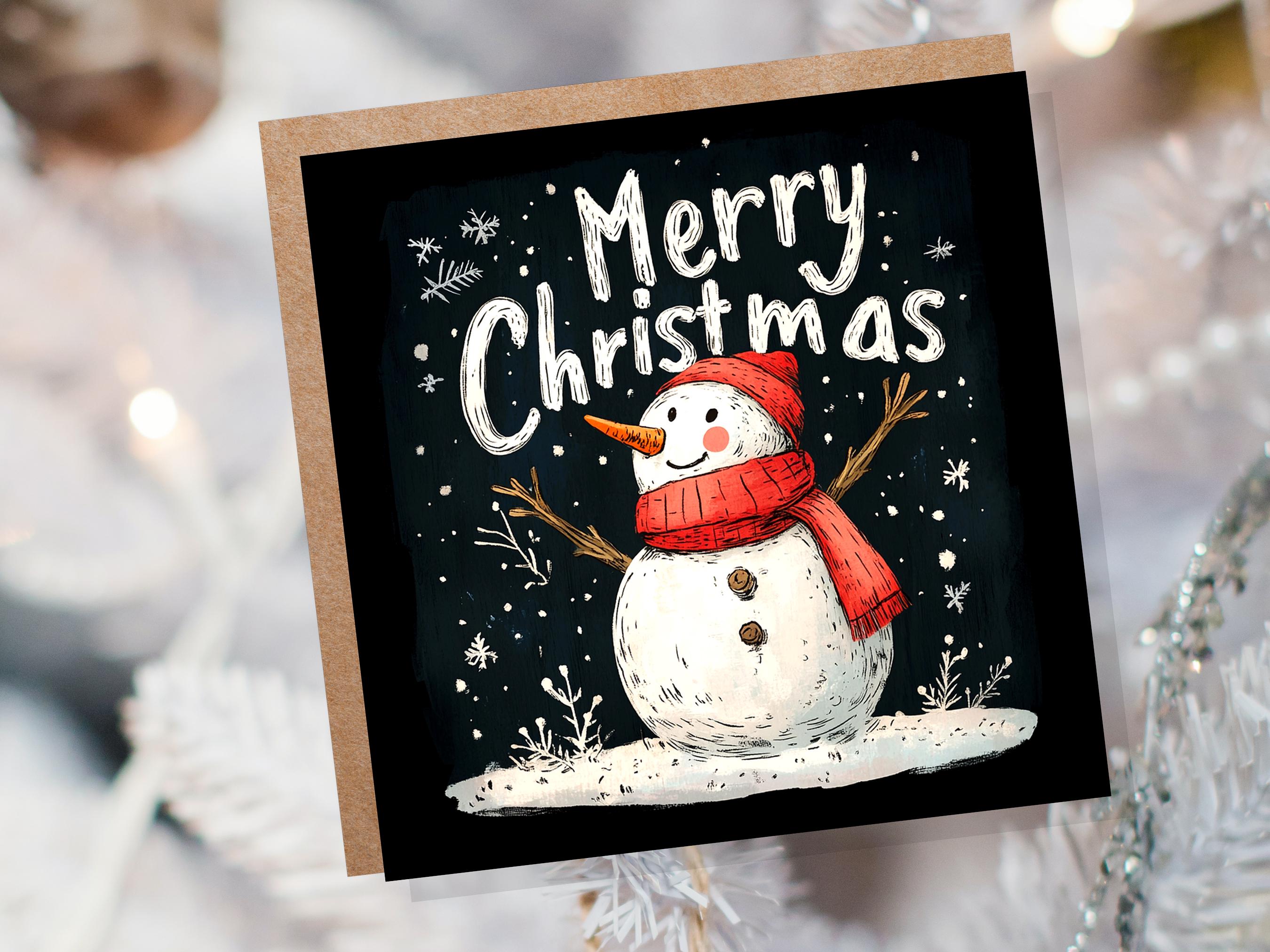 Merry Christmas Greeting Card with Cute Snowman Illustration with Snowflakes and Red Hat Scarf Unique Festive Card Family Friends Xmas 2024 - View 3