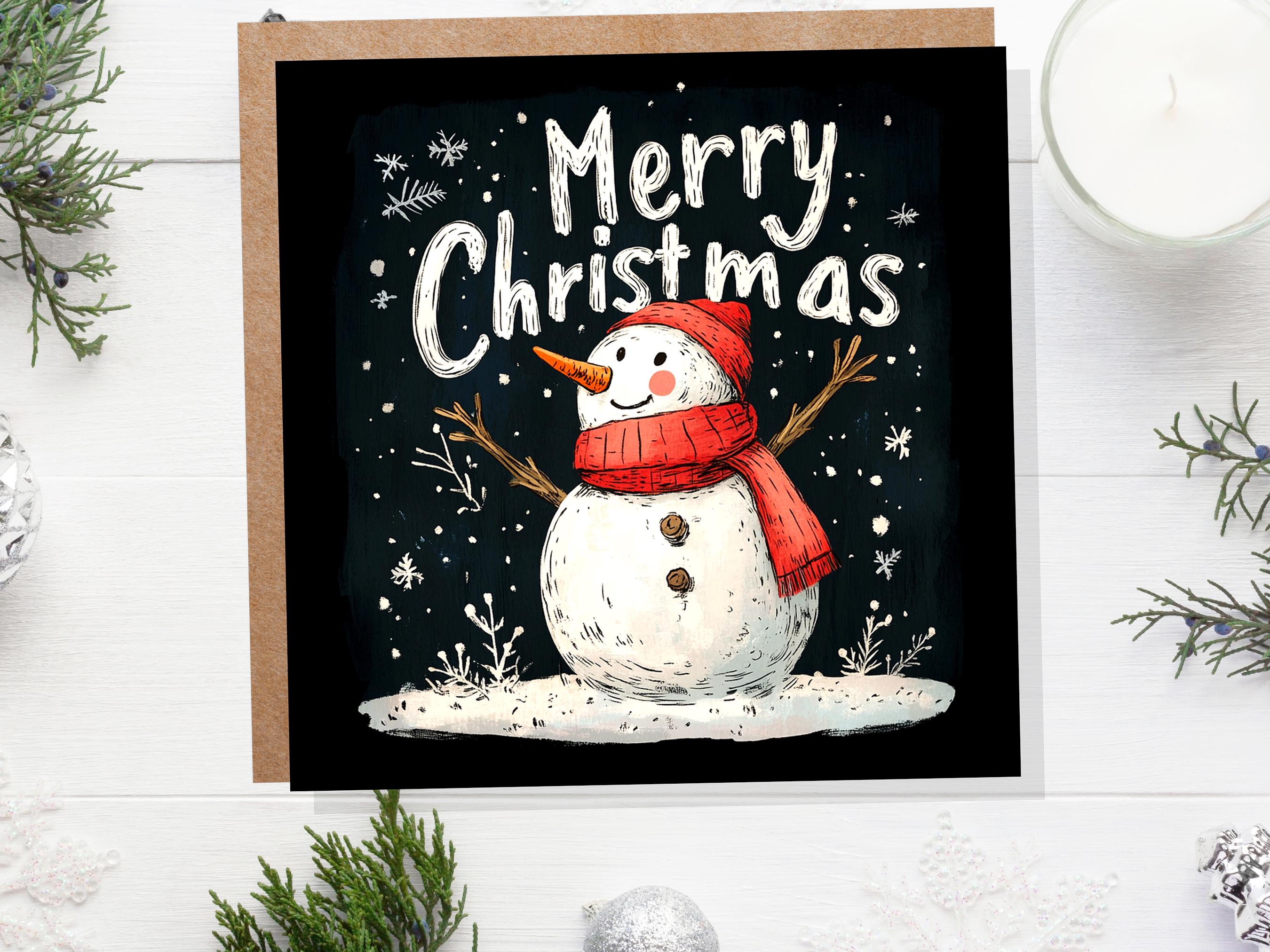 Merry Christmas Greeting Card with Cute Snowman Illustration with Snowflakes and Red Hat Scarf Unique Festive Card Family Friends Xmas 2024 - View 4