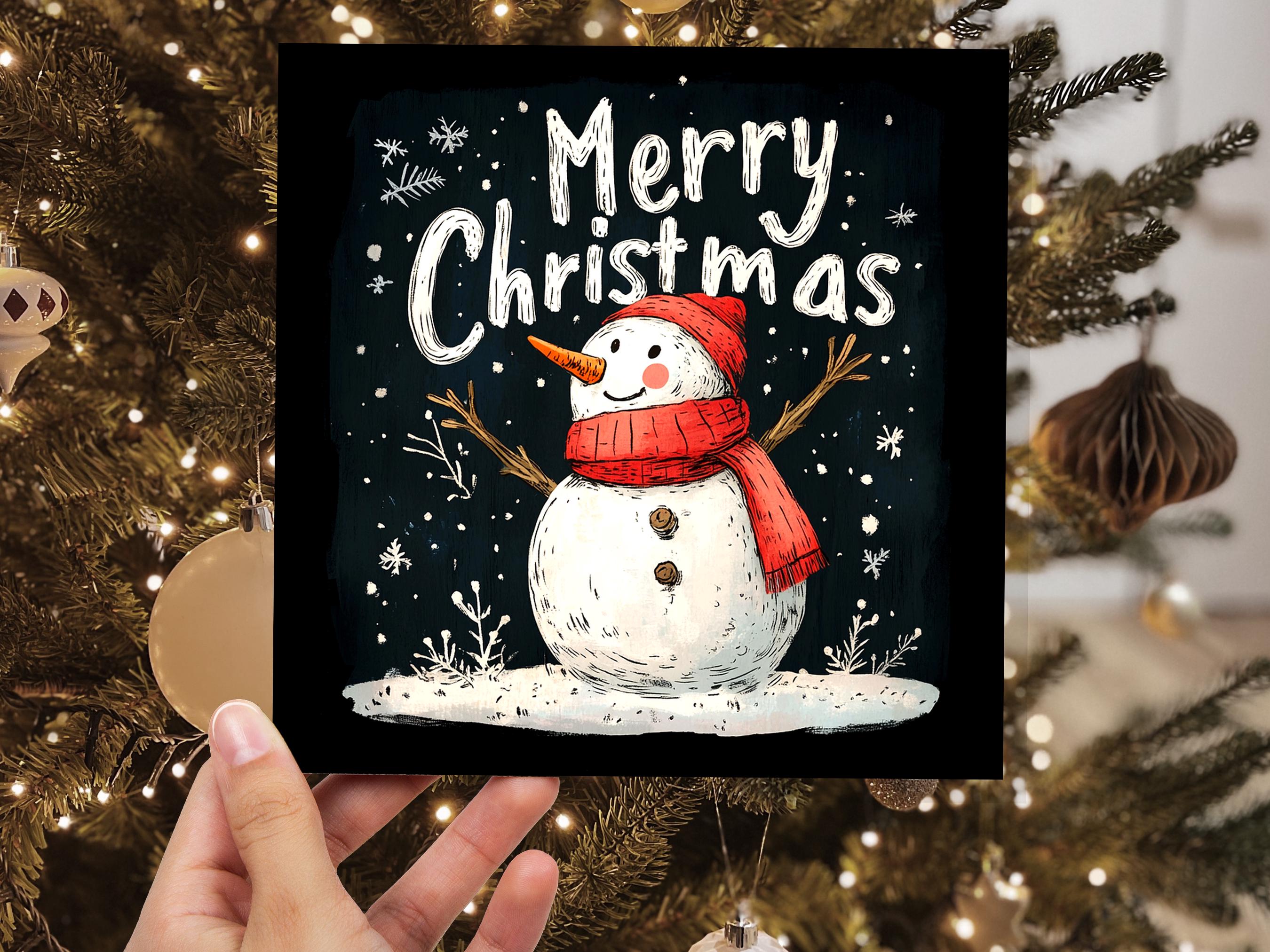 Merry Christmas Greeting Card with Cute Snowman Illustration with Snowflakes and Red Hat Scarf Unique Festive Card Family Friends Xmas 2024 - View 5