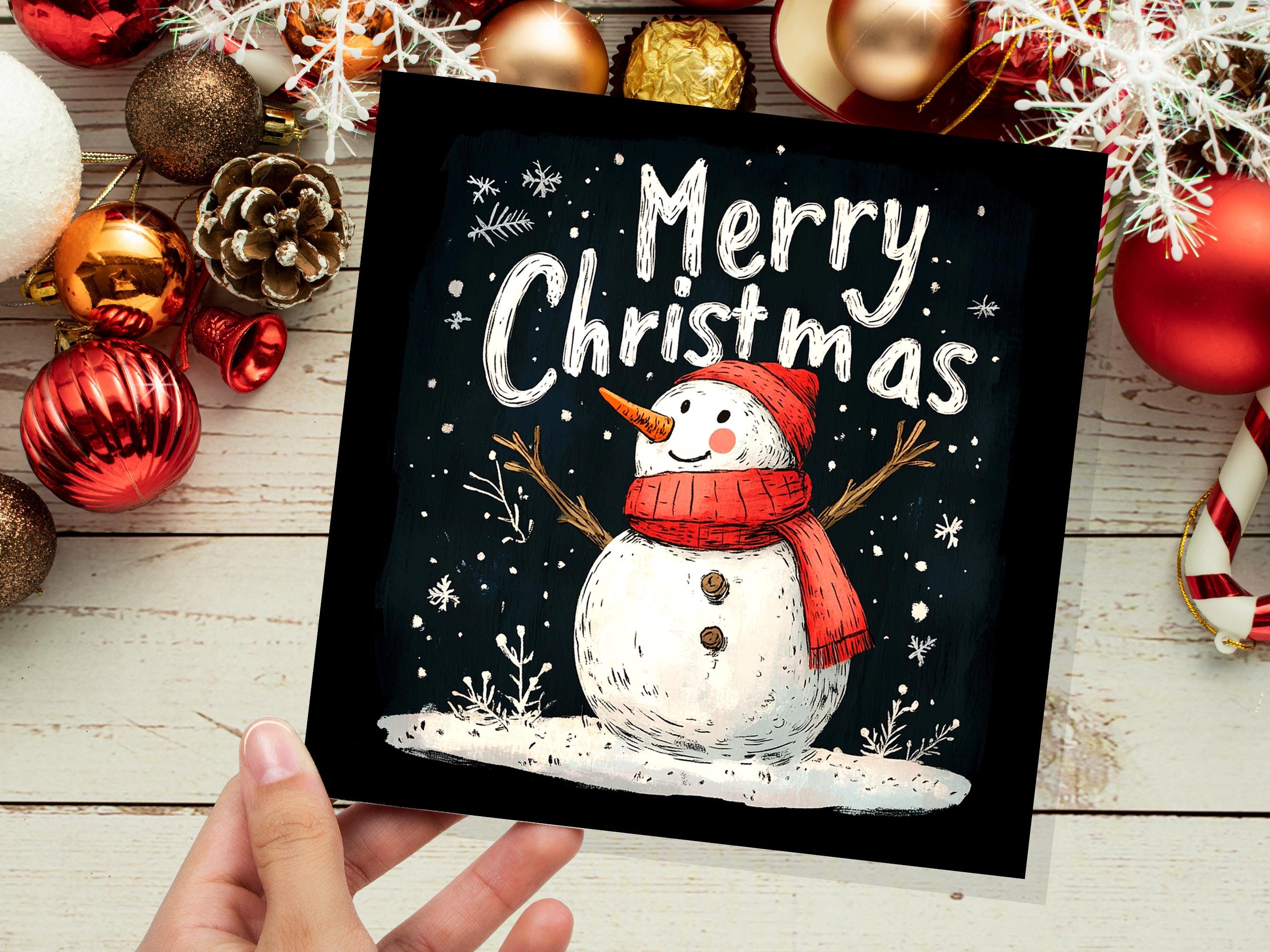 Merry Christmas Greeting Card with Cute Snowman Illustration with Snowflakes and Red Hat Scarf Unique Festive Card Family Friends Xmas 2024 - View 6