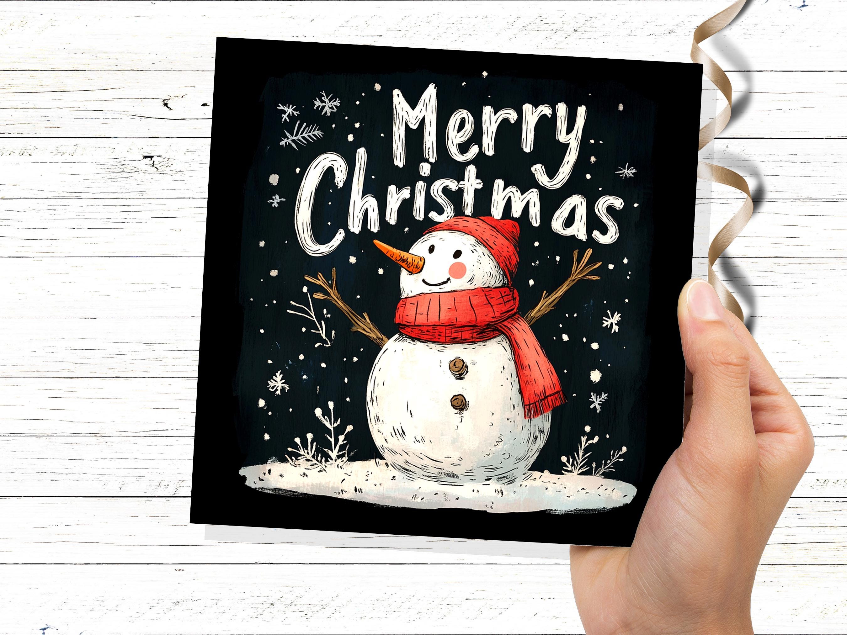 Merry Christmas Greeting Card with Cute Snowman Illustration with Snowflakes and Red Hat Scarf Unique Festive Card Family Friends Xmas 2024 - View 7