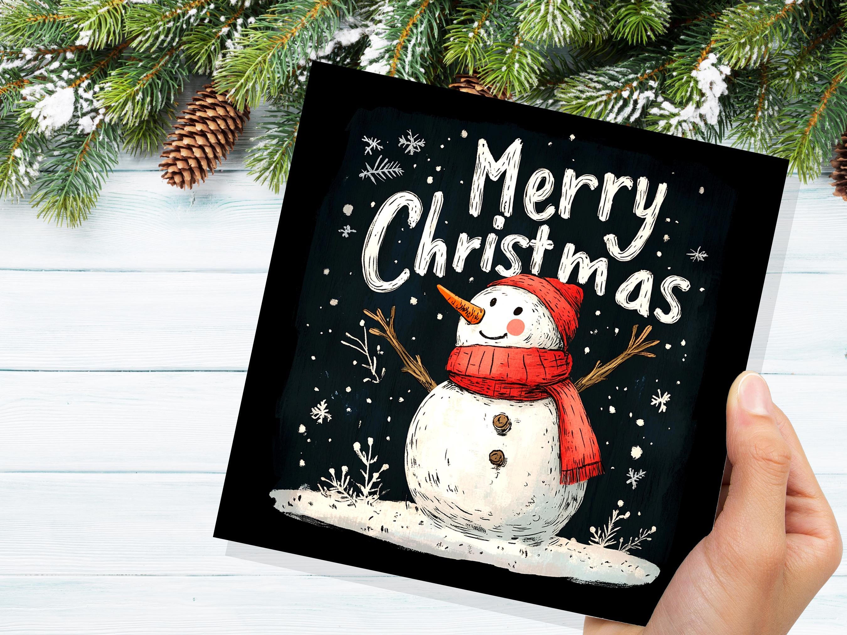 Merry Christmas Greeting Card with Cute Snowman Illustration with Snowflakes and Red Hat Scarf Unique Festive Card Family Friends Xmas 2024 - View 8