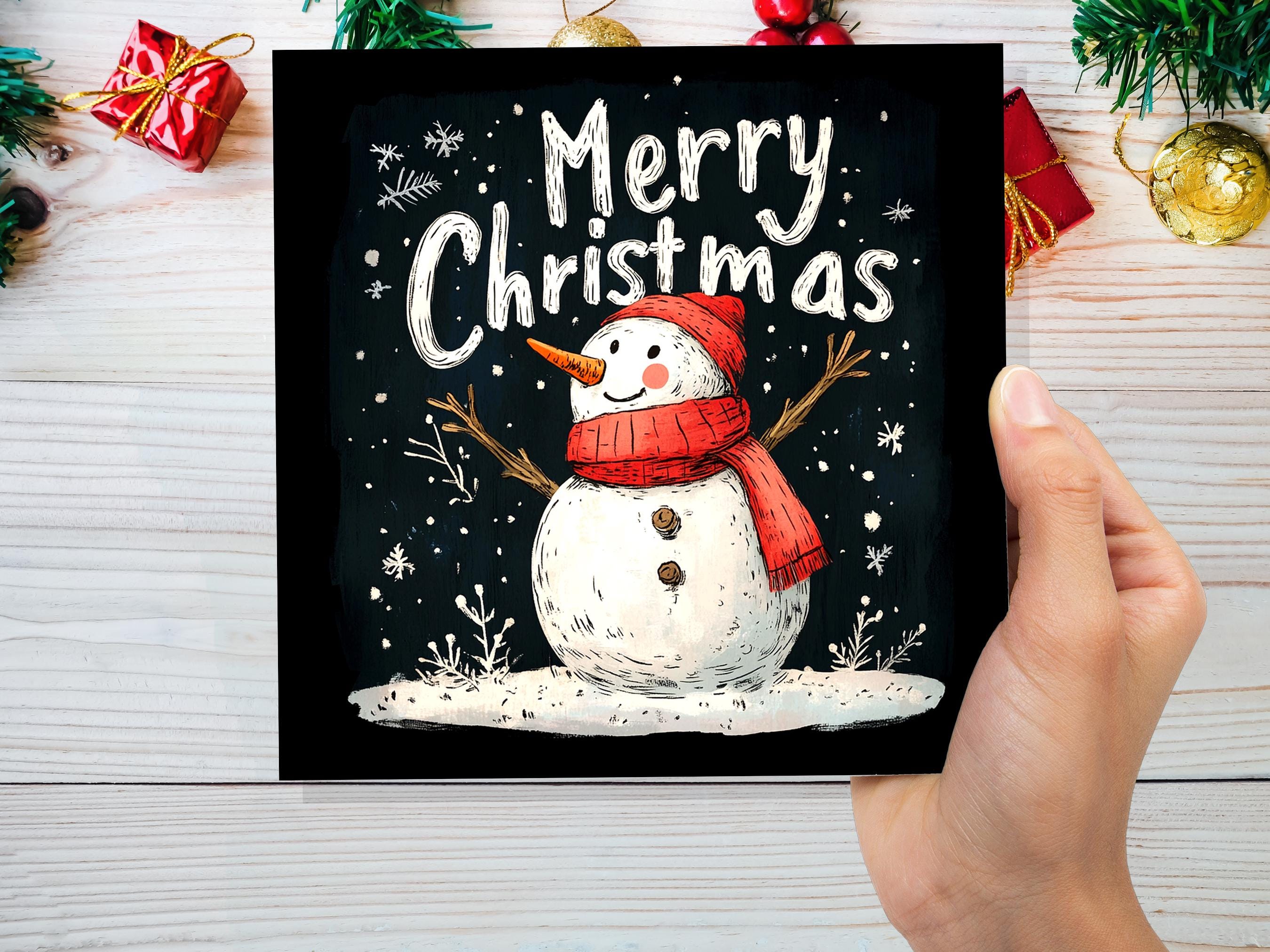 Merry Christmas Greeting Card with Cute Snowman Illustration with Snowflakes and Red Hat Scarf Unique Festive Card Family Friends Xmas 2024 - View 9