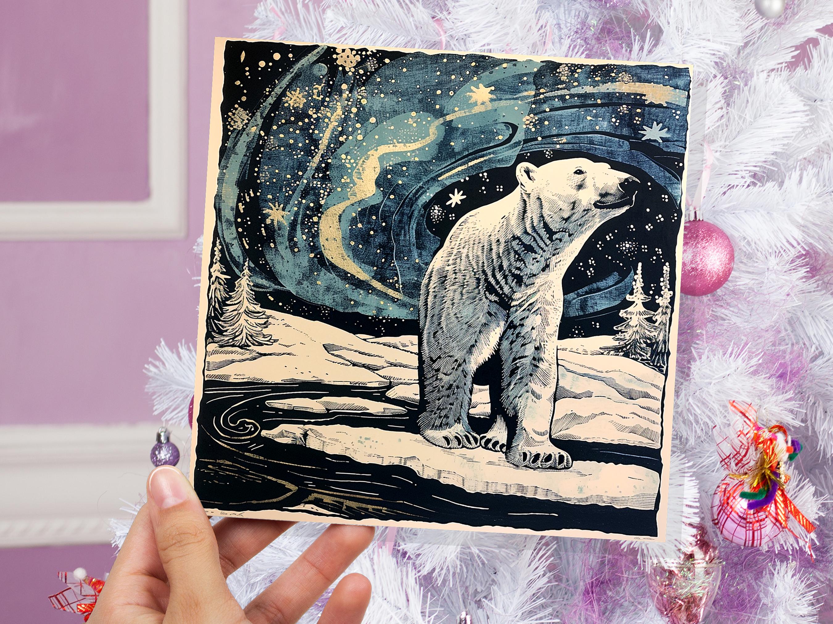 Polar Bear Northern Lights Christmas Card Unique Magical Night Sky Vintage Blue White Whimsical Winter Scene For Family Friends Xmas 2024