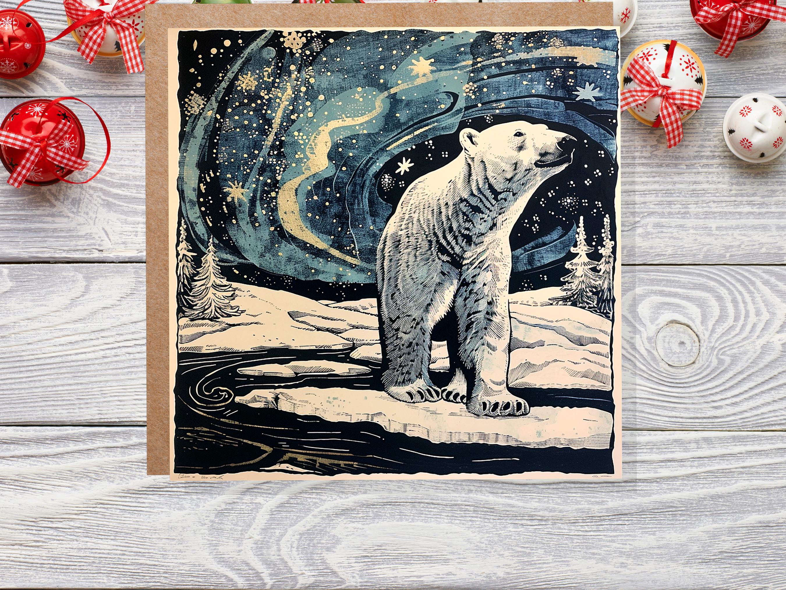 Polar Bear Northern Lights Christmas Card Unique Magical Night Sky Vintage Blue White Whimsical Winter Scene For Family Friends Xmas 2024 - View 2