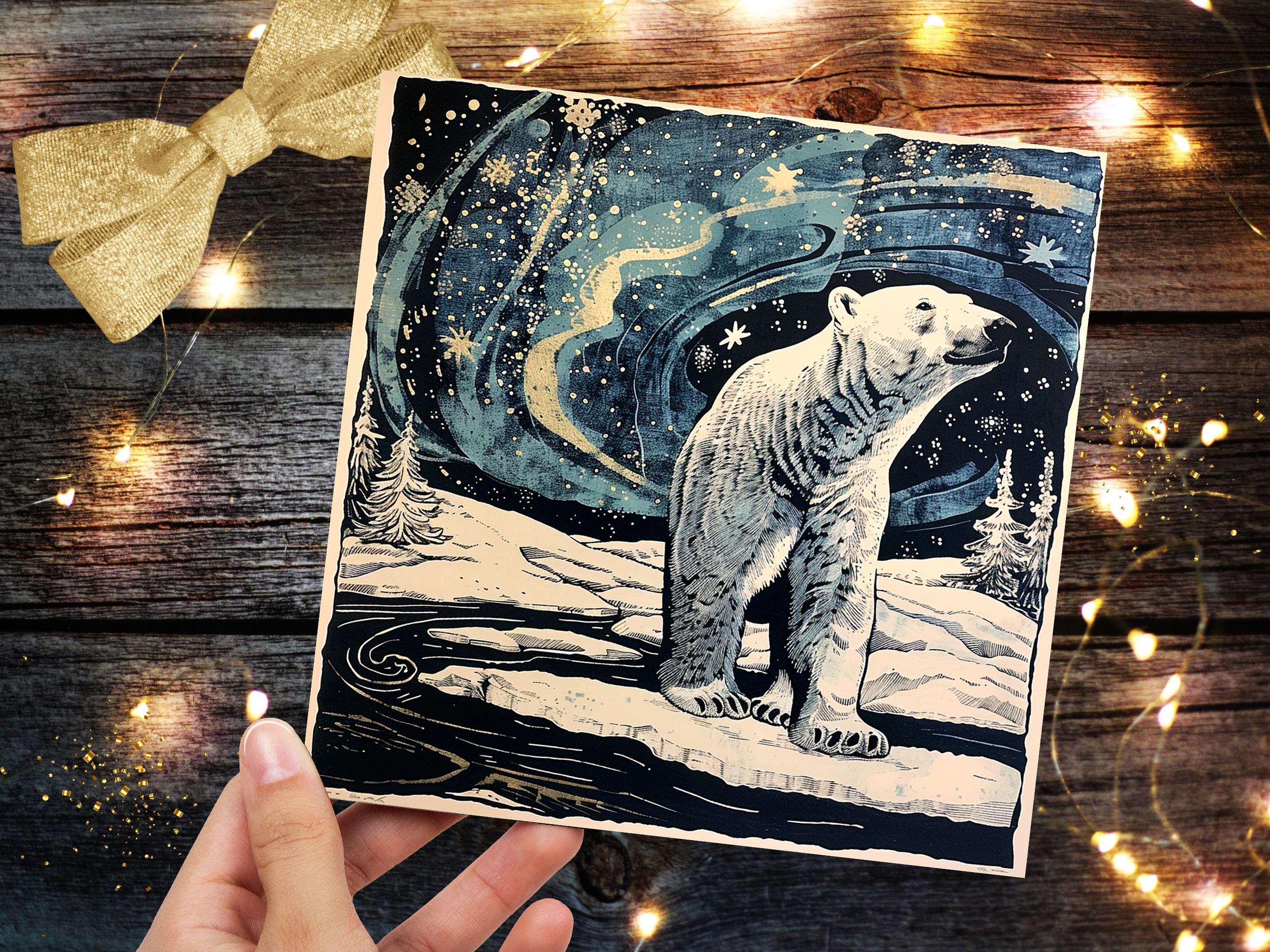 Polar Bear Northern Lights Christmas Card Unique Magical Night Sky Vintage Blue White Whimsical Winter Scene For Family Friends Xmas 2024 - View 3