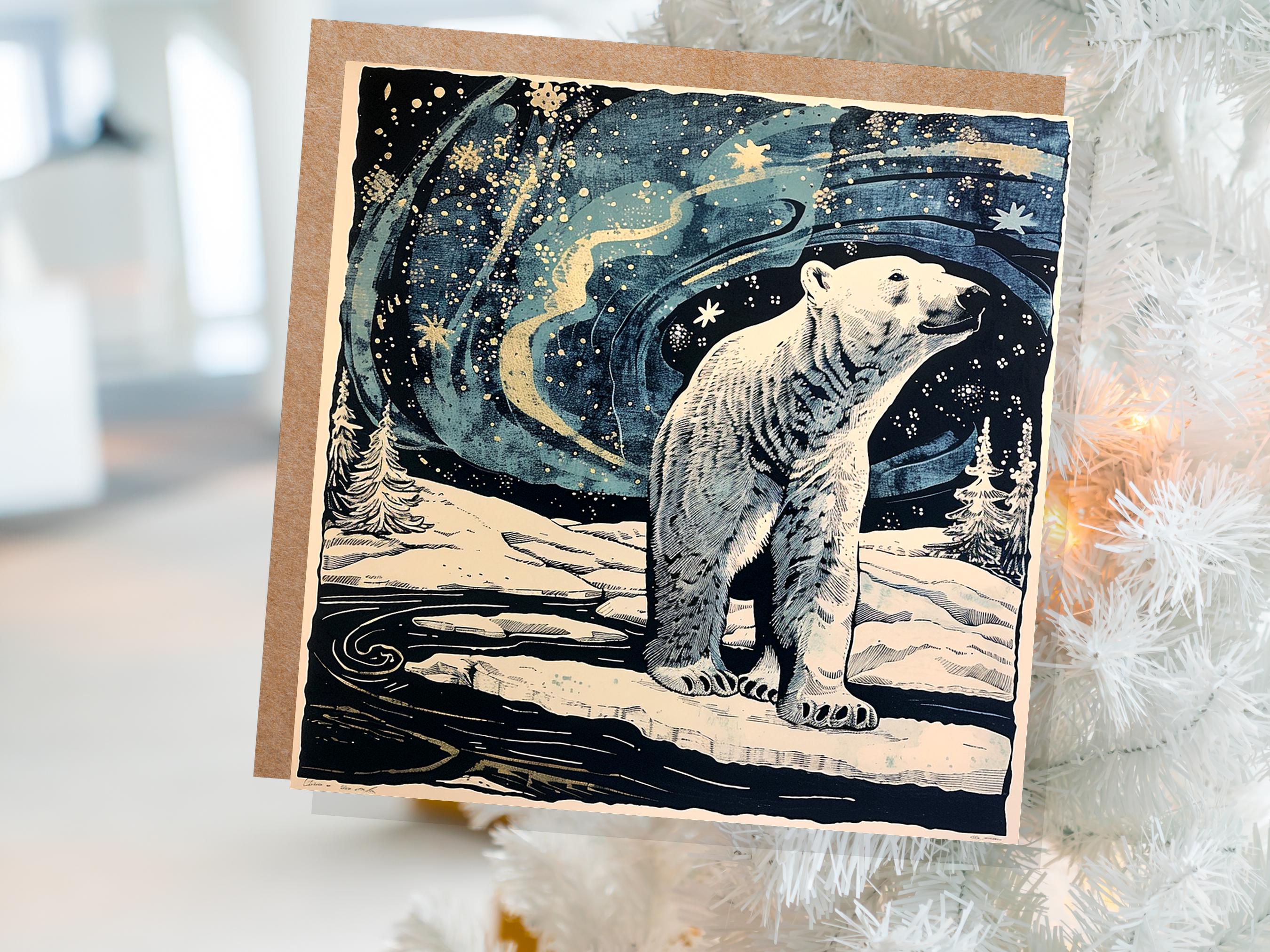 Polar Bear Northern Lights Christmas Card Unique Magical Night Sky Vintage Blue White Whimsical Winter Scene For Family Friends Xmas 2024 - View 4