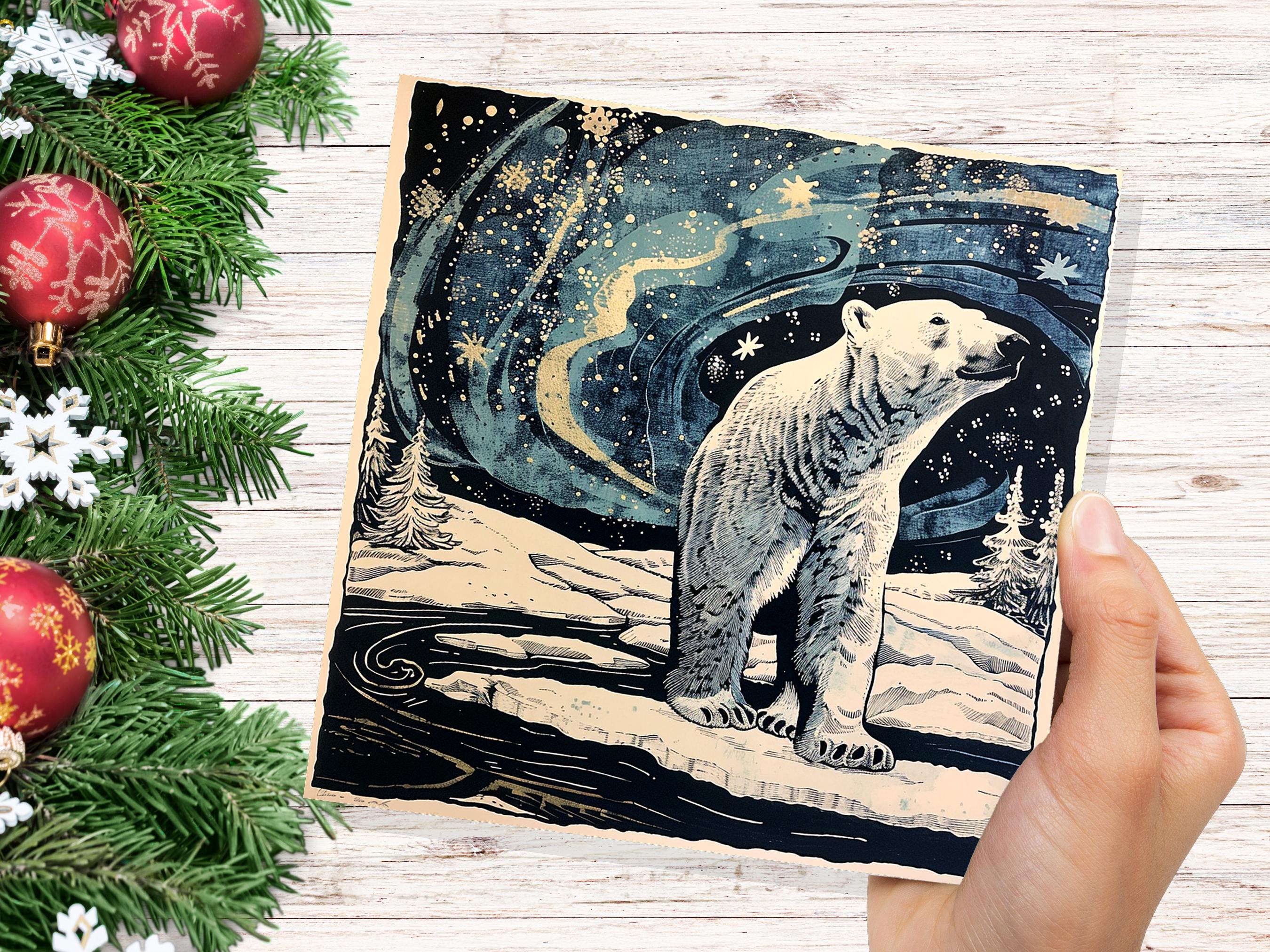 Polar Bear Northern Lights Christmas Card Unique Magical Night Sky Vintage Blue White Whimsical Winter Scene For Family Friends Xmas 2024 - View 5