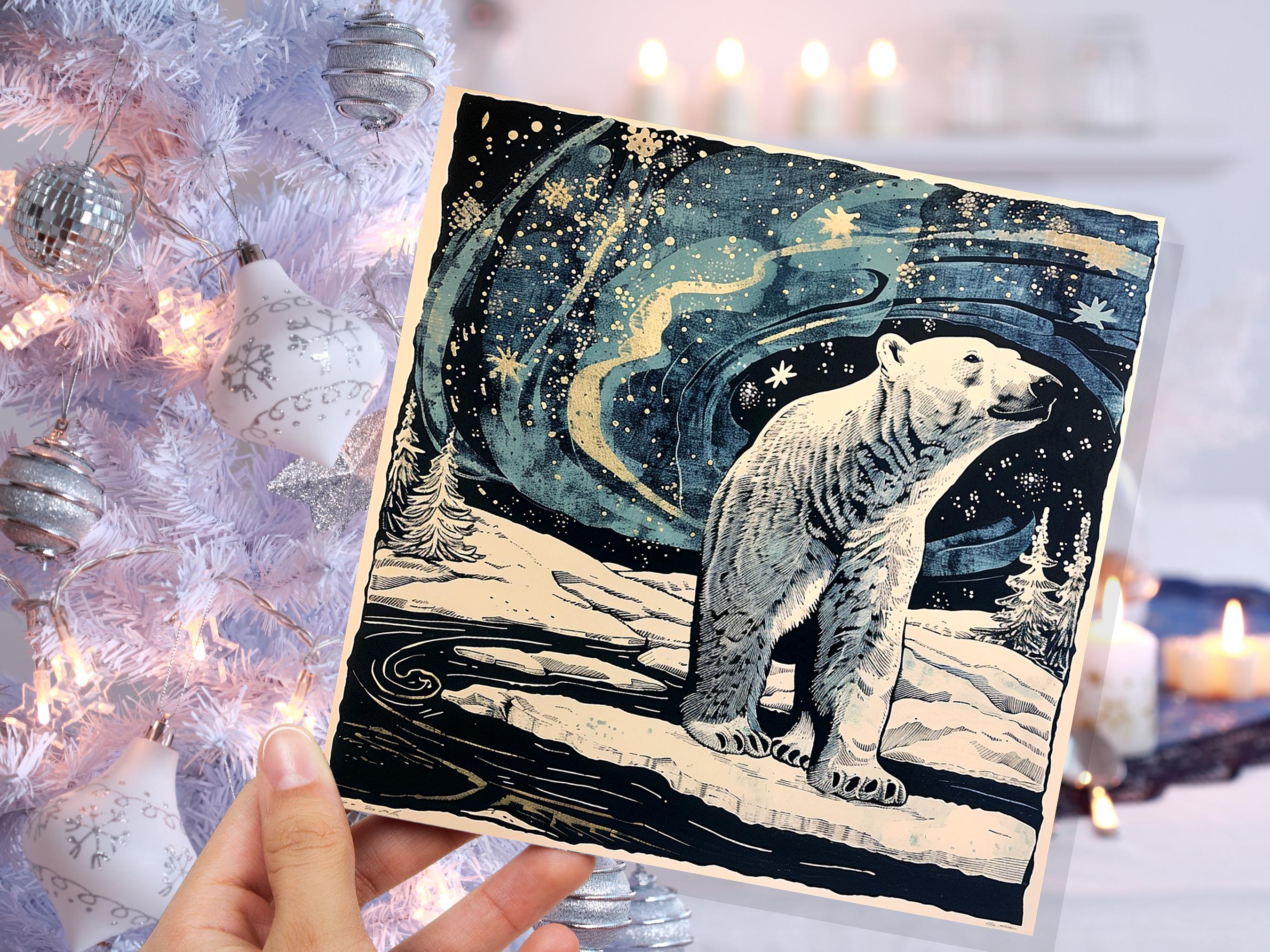 Polar Bear Northern Lights Christmas Card Unique Magical Night Sky Vintage Blue White Whimsical Winter Scene For Family Friends Xmas 2024 - View 6