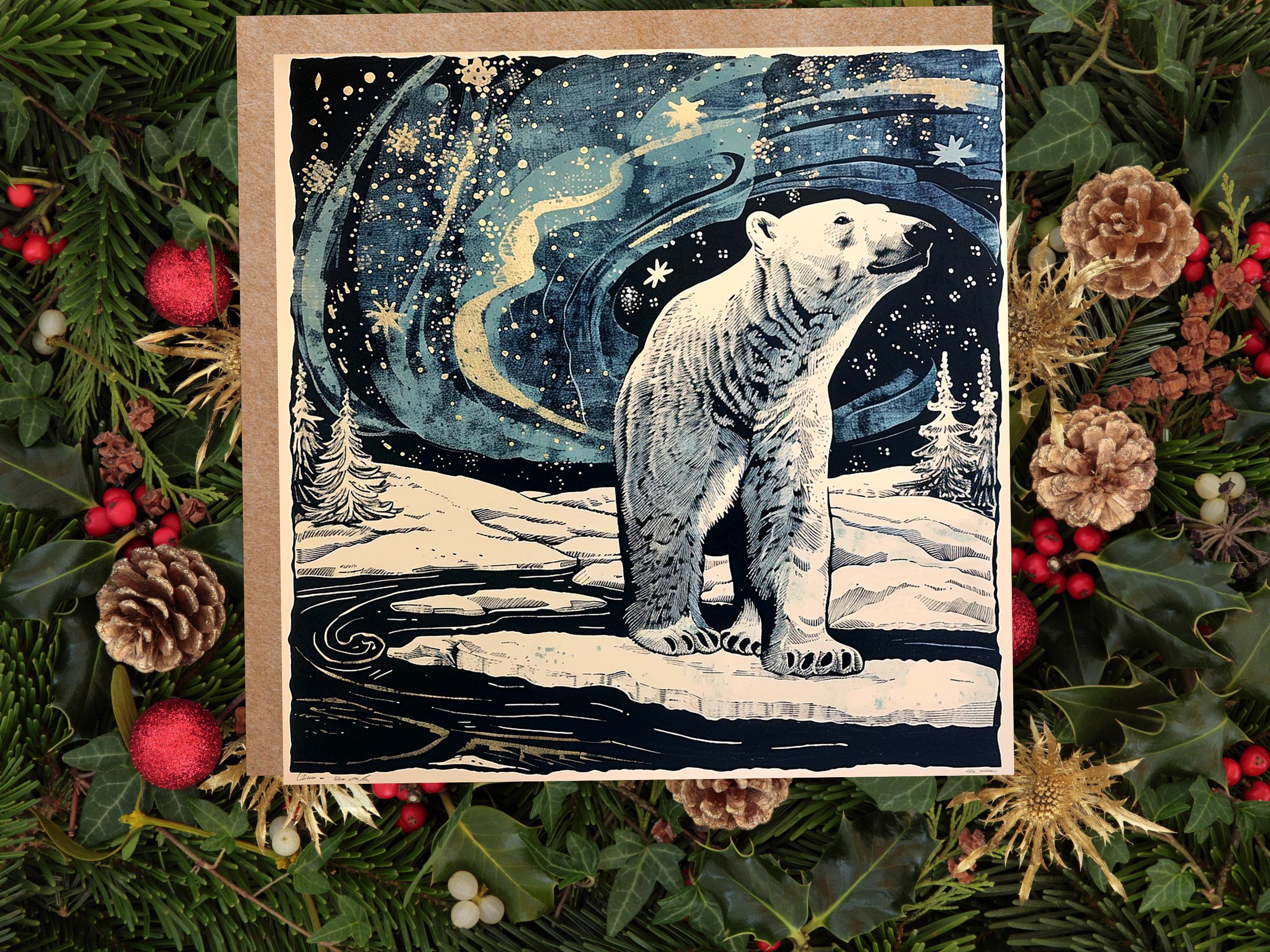 Polar Bear Northern Lights Christmas Card Unique Magical Night Sky Vintage Blue White Whimsical Winter Scene For Family Friends Xmas 2024 - View 7