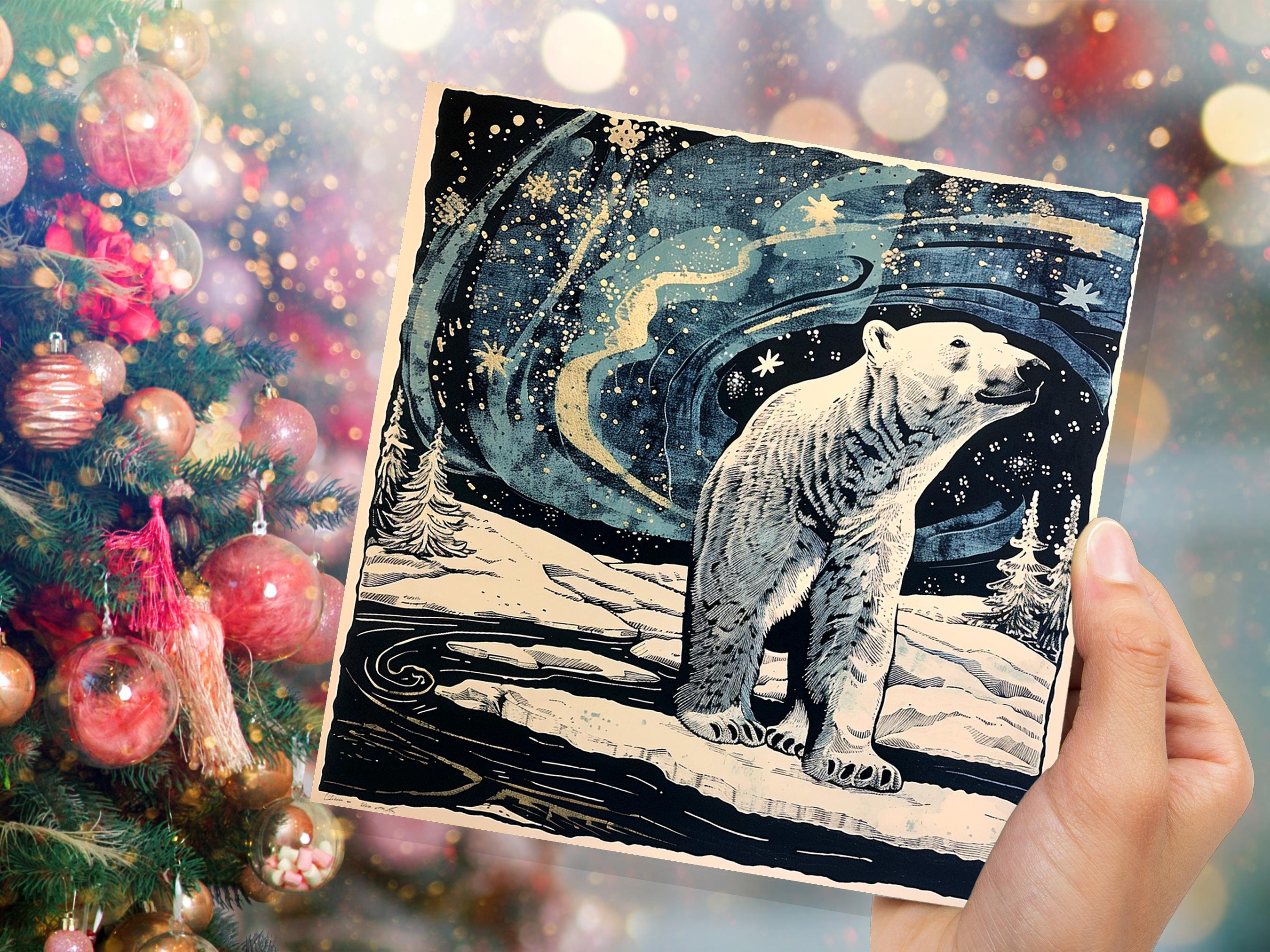 Polar Bear Northern Lights Christmas Card Unique Magical Night Sky Vintage Blue White Whimsical Winter Scene For Family Friends Xmas 2024 - View 8