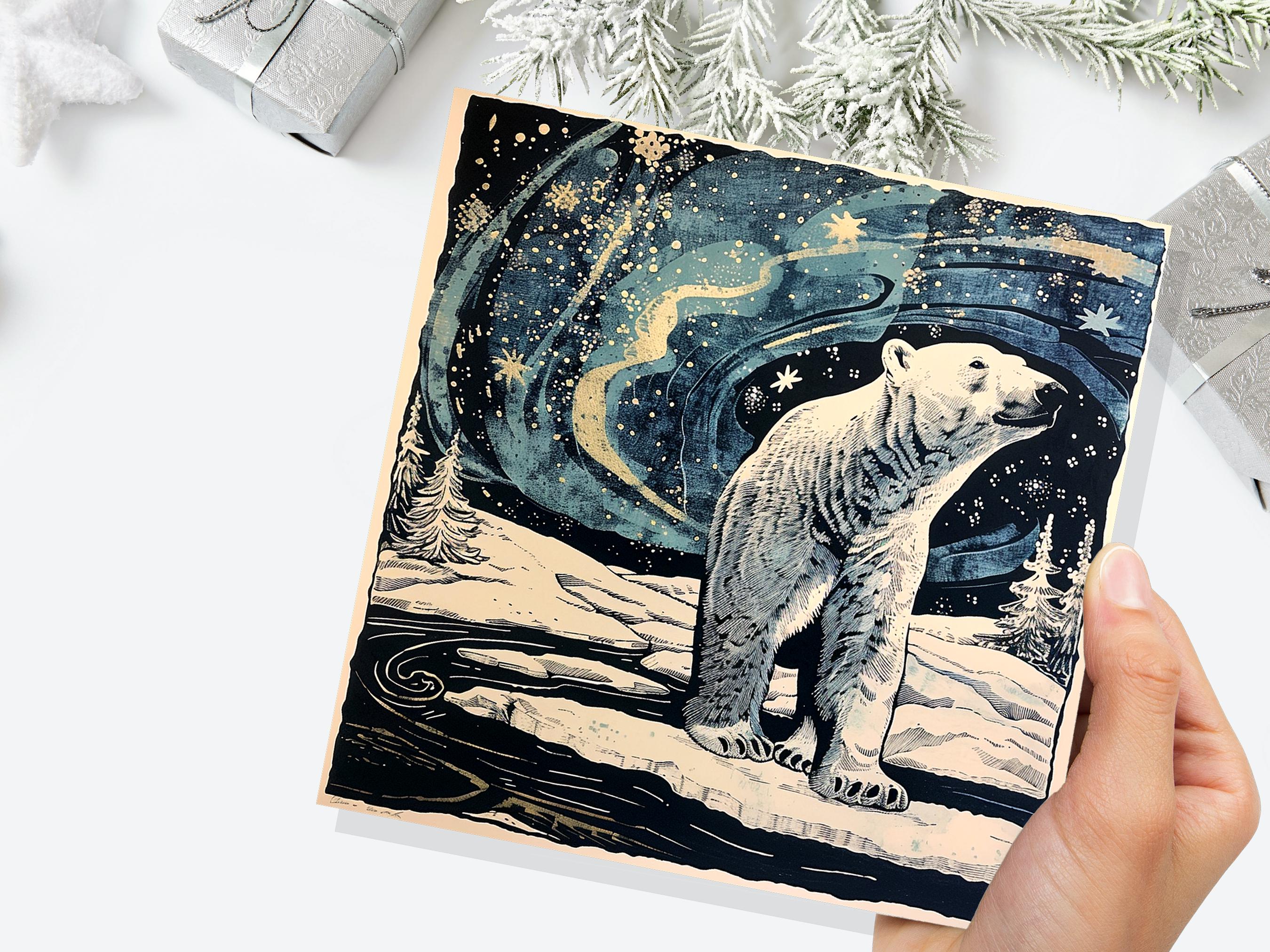 Polar Bear Northern Lights Christmas Card Unique Magical Night Sky Vintage Blue White Whimsical Winter Scene For Family Friends Xmas 2024 - View 9