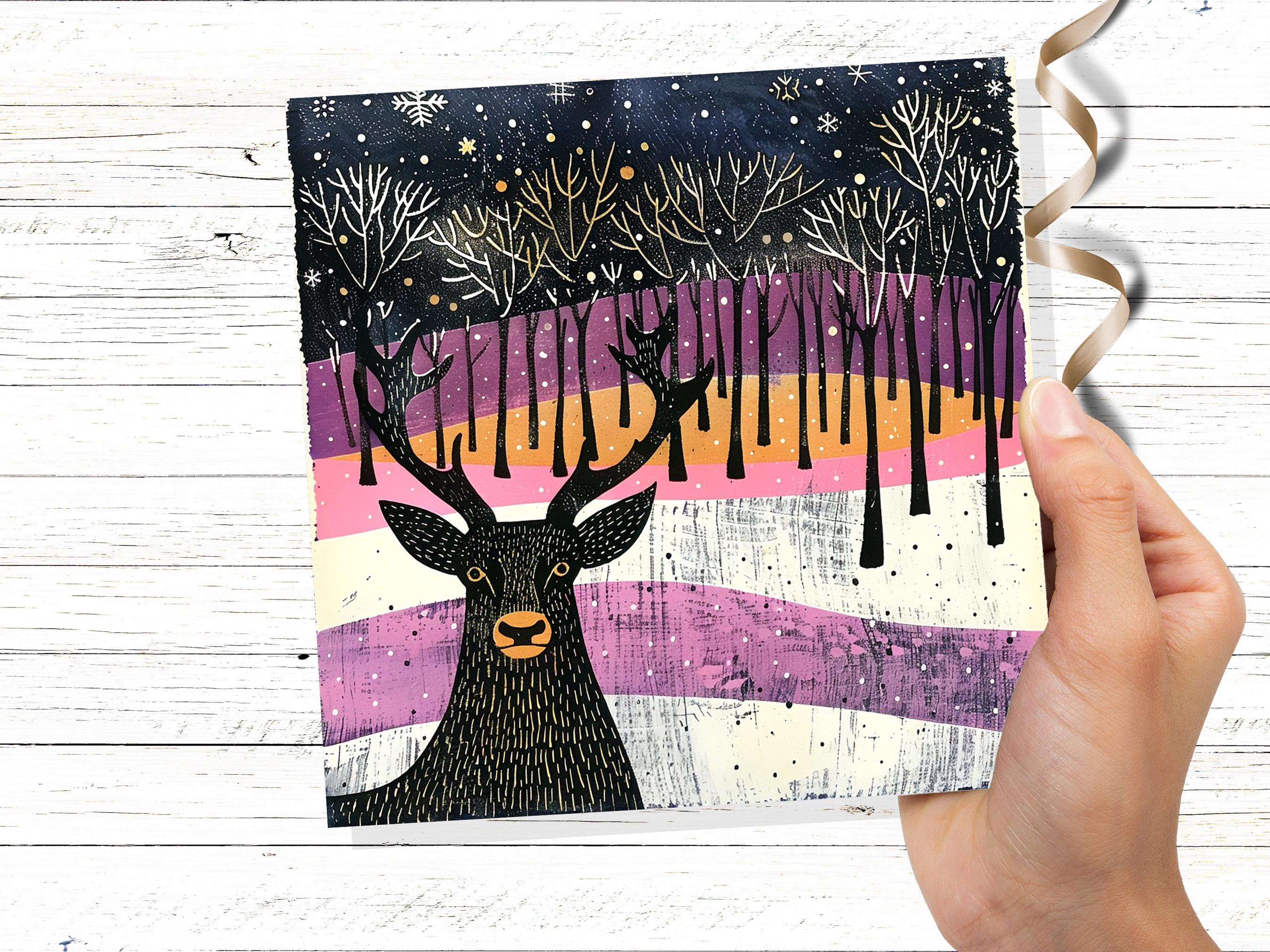 Scandinavian Linocut Deer Christmas Card Black Pink Orange Winter Forest Scene with Snowflakes Reindeer Woodland Art for Family Friends 2024