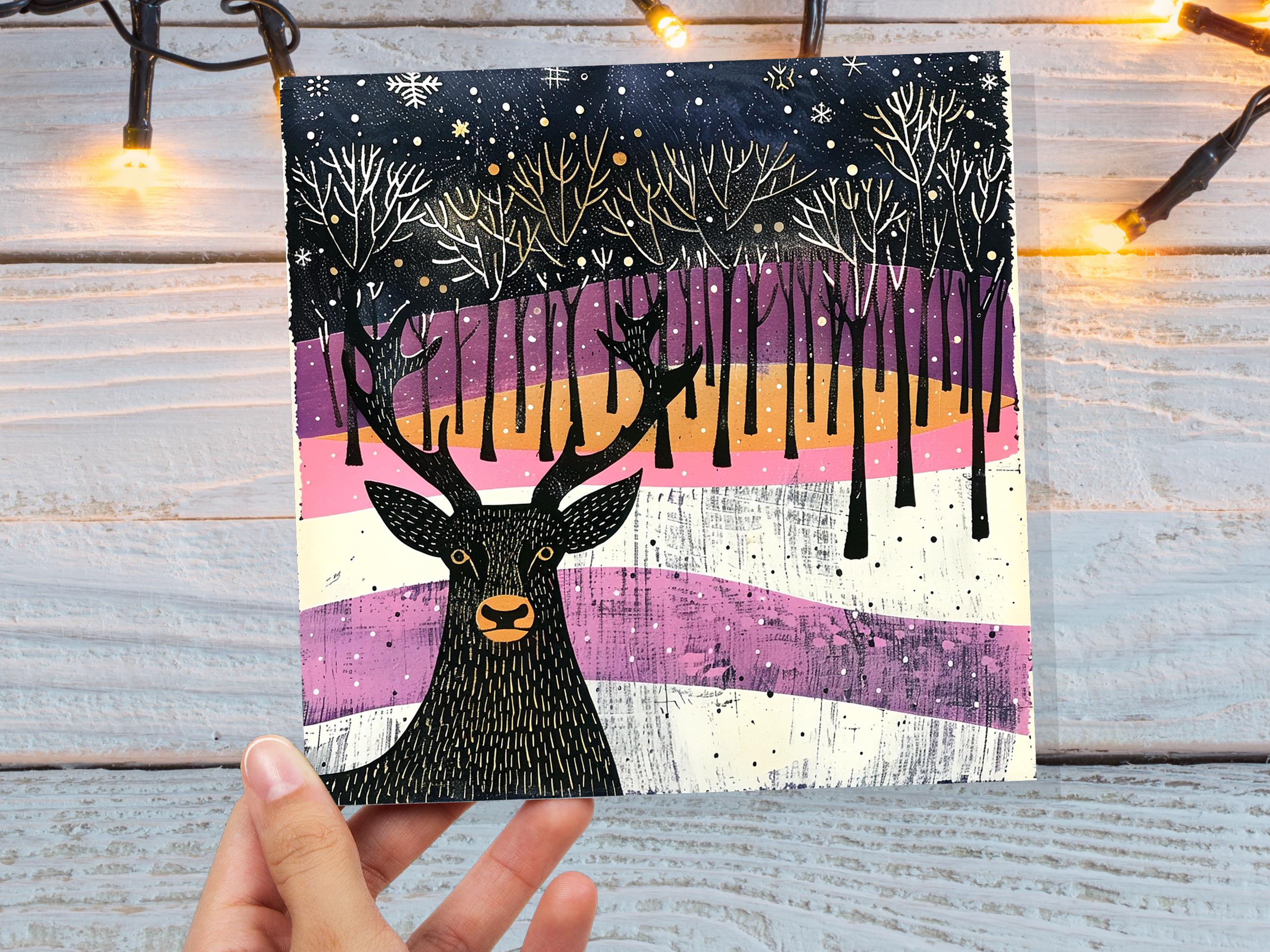 Scandinavian Linocut Deer Christmas Card Black Pink Orange Winter Forest Scene with Snowflakes Reindeer Woodland Art for Family Friends 2024 - View 2