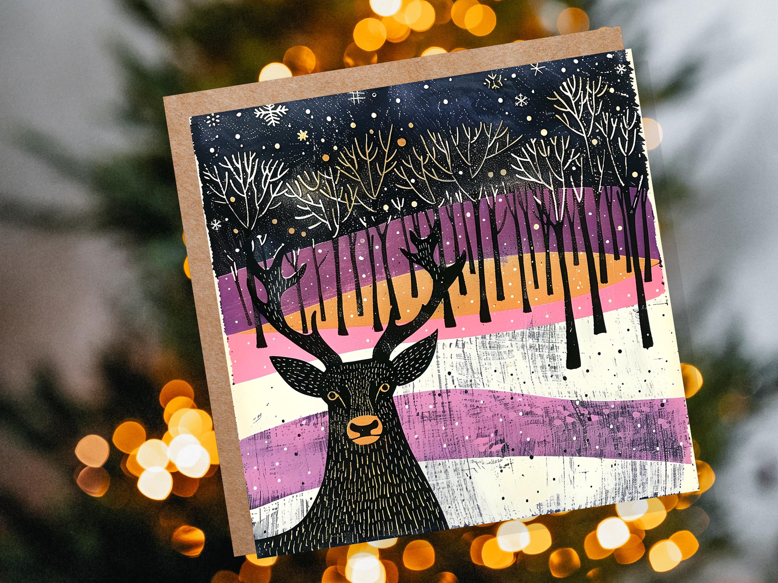 Scandinavian Linocut Deer Christmas Card Black Pink Orange Winter Forest Scene with Snowflakes Reindeer Woodland Art for Family Friends 2024 - View 5