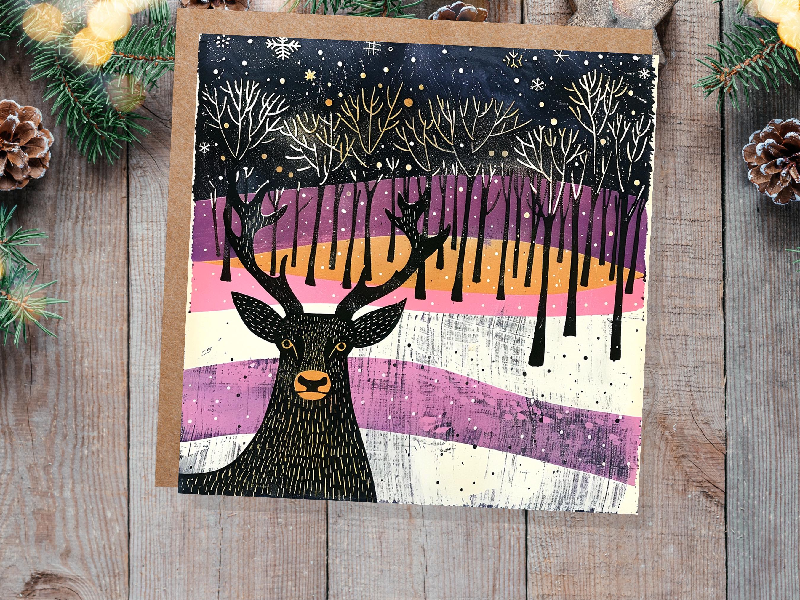 Scandinavian Linocut Deer Christmas Card Black Pink Orange Winter Forest Scene with Snowflakes Reindeer Woodland Art for Family Friends 2024 - View 6