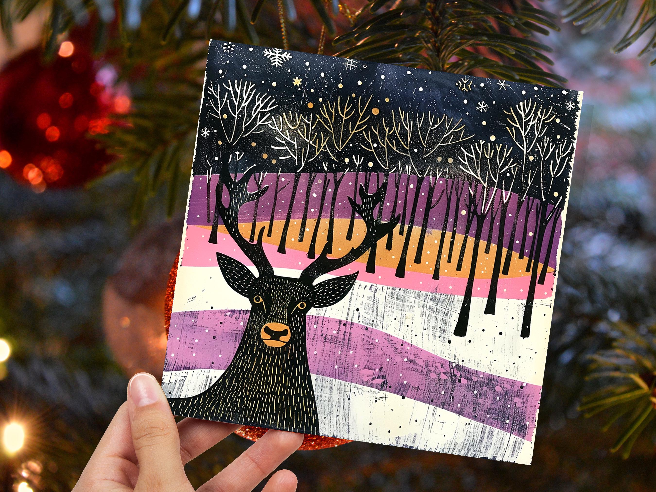 Scandinavian Linocut Deer Christmas Card Black Pink Orange Winter Forest Scene with Snowflakes Reindeer Woodland Art for Family Friends 2024 - View 7