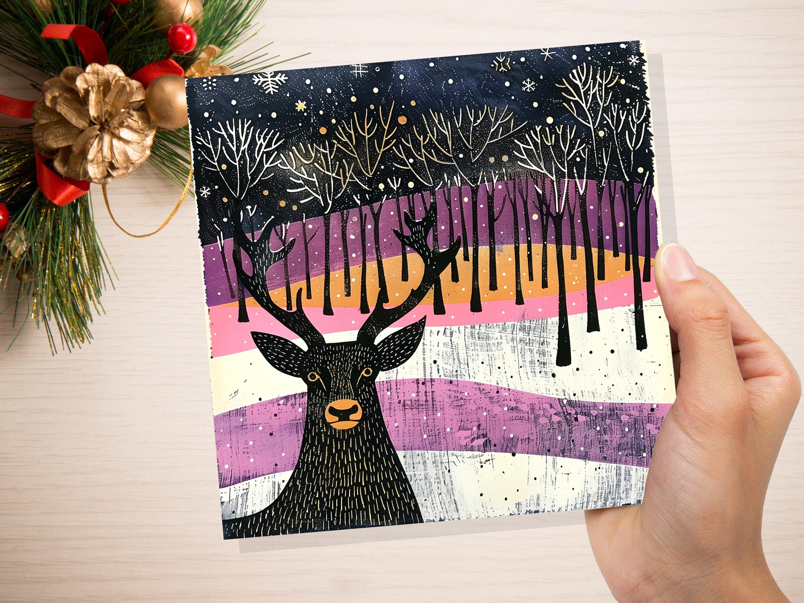 Scandinavian Linocut Deer Christmas Card Black Pink Orange Winter Forest Scene with Snowflakes Reindeer Woodland Art for Family Friends 2024 - View 8