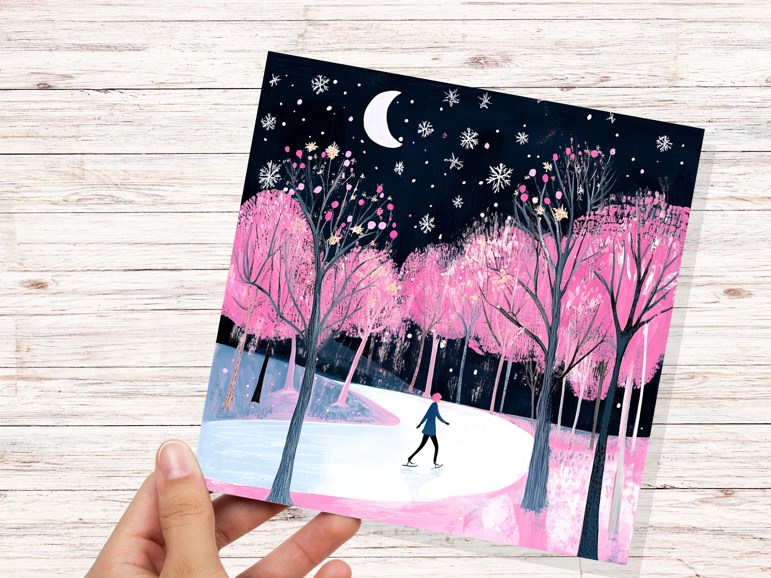 Ice Skating Christmas Card Magical Winter Night Trees Starry Night Moonlit Scene Snow Icy Frozen River Snowflakes Black and Pink Xmas 2024