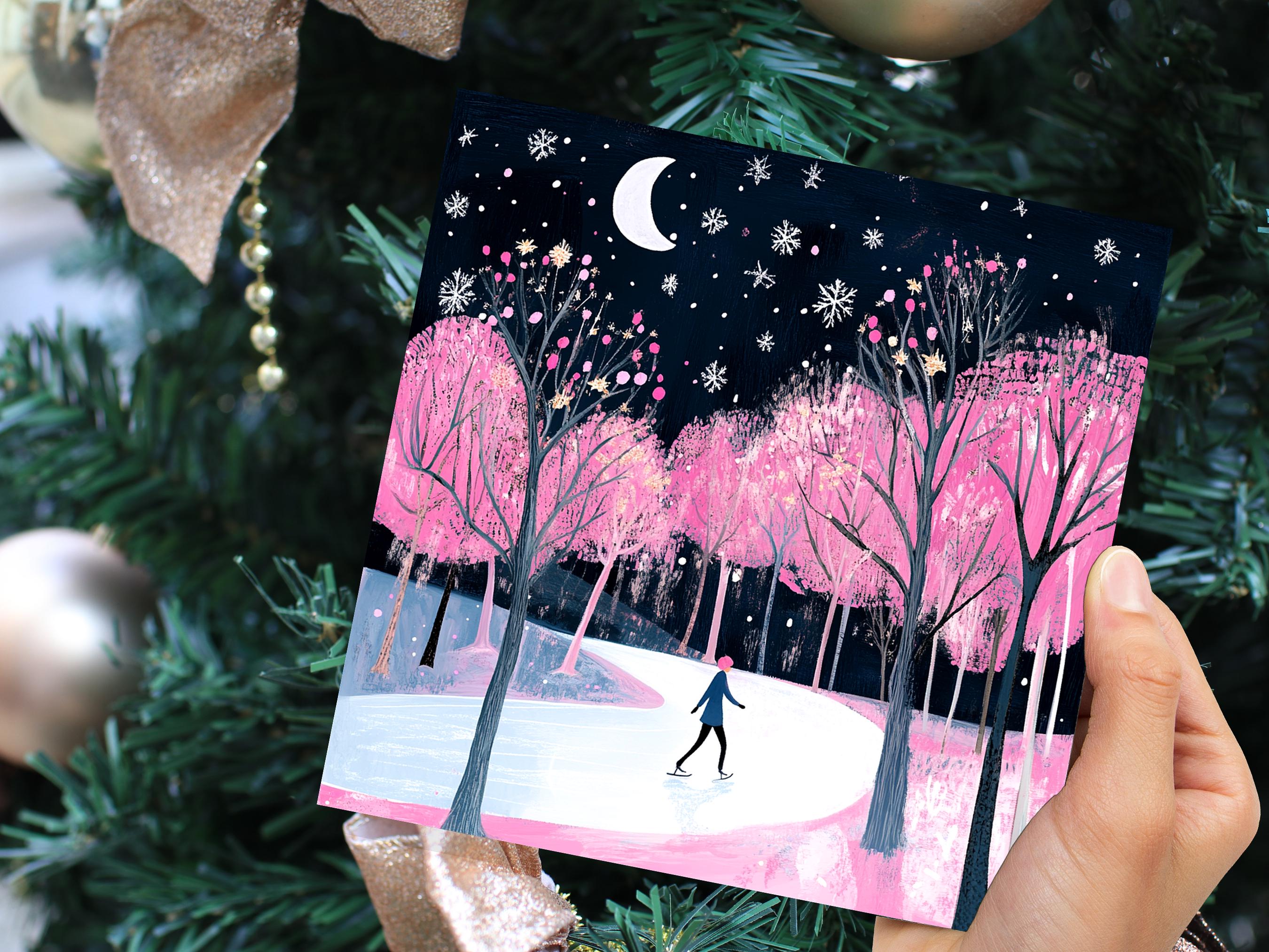 Ice Skating Christmas Card Magical Winter Night Trees Starry Night Moonlit Scene Snow Icy Frozen River Snowflakes Black and Pink Xmas 2024 - View 2