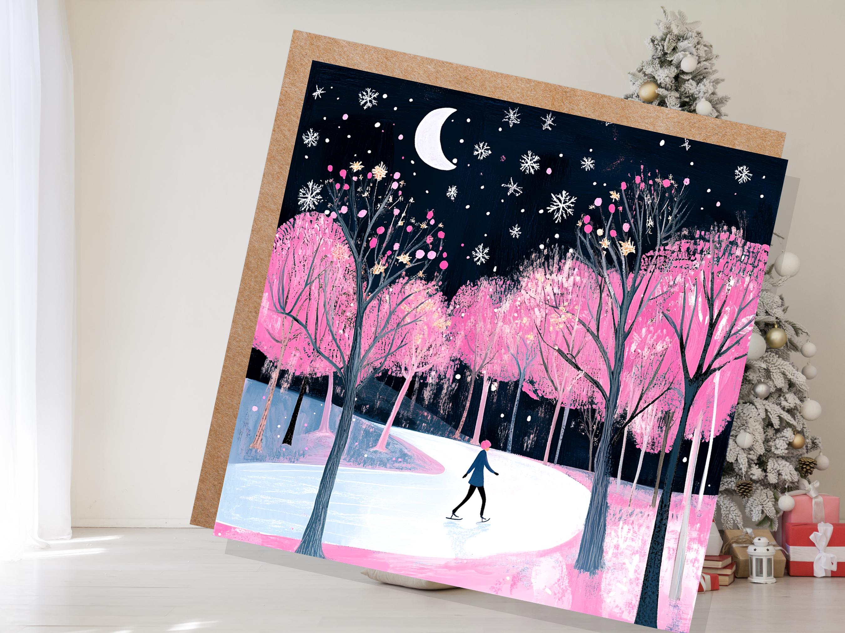 Ice Skating Christmas Card Magical Winter Night Trees Starry Night Moonlit Scene Snow Icy Frozen River Snowflakes Black and Pink Xmas 2024 - View 3