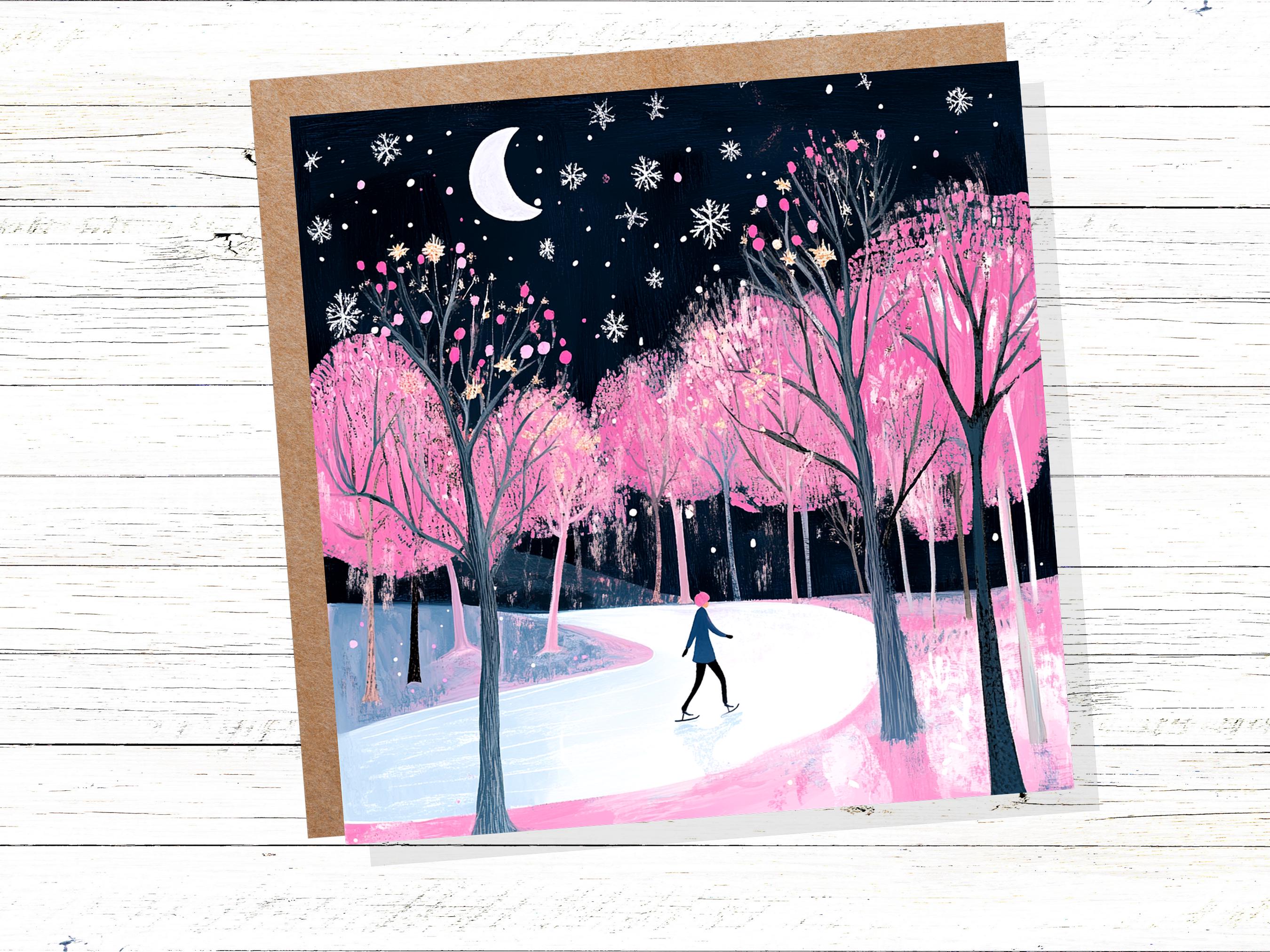 Ice Skating Christmas Card Magical Winter Night Trees Starry Night Moonlit Scene Snow Icy Frozen River Snowflakes Black and Pink Xmas 2024 - View 4