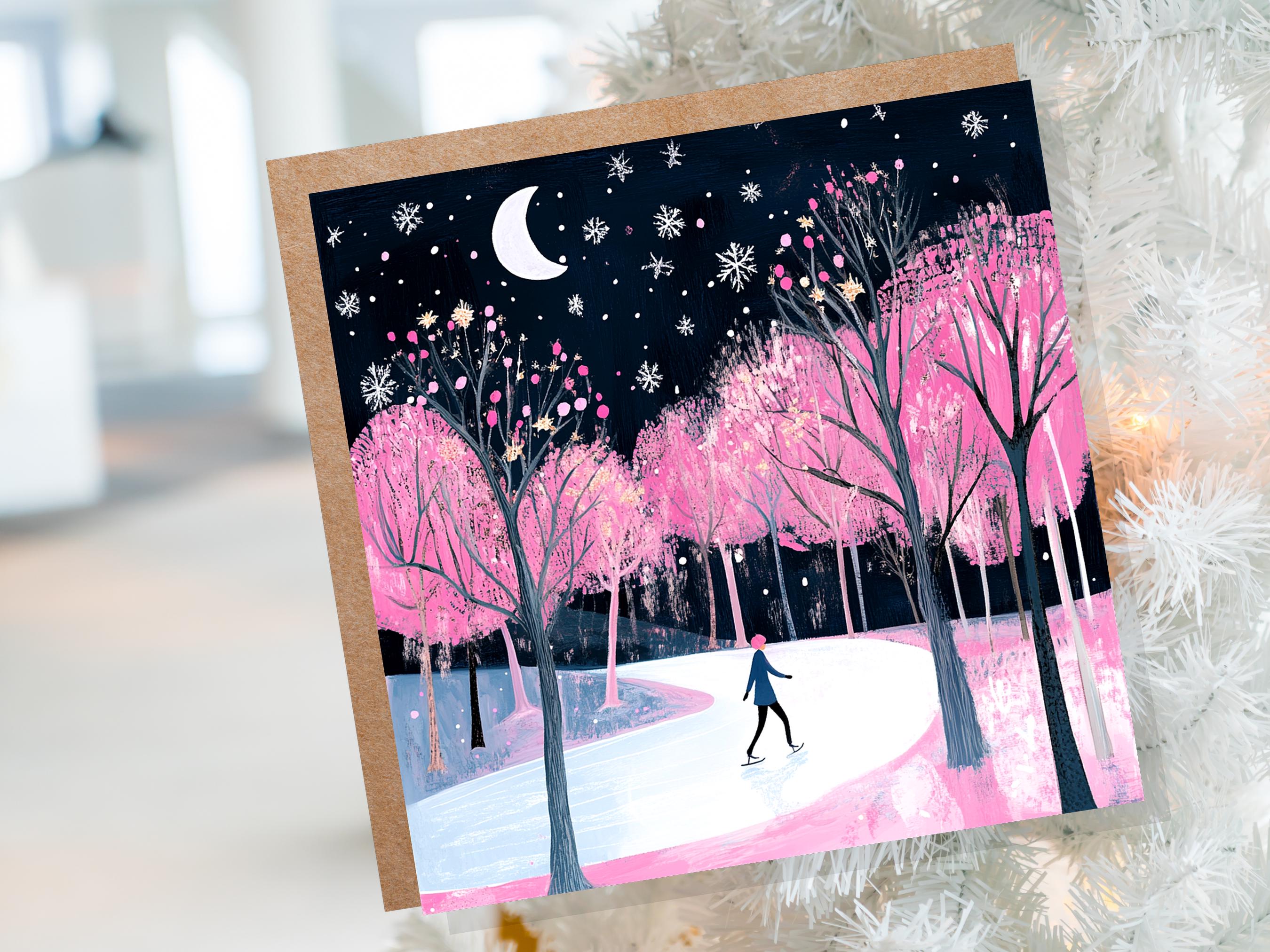 Ice Skating Christmas Card Magical Winter Night Trees Starry Night Moonlit Scene Snow Icy Frozen River Snowflakes Black and Pink Xmas 2024 - View 5