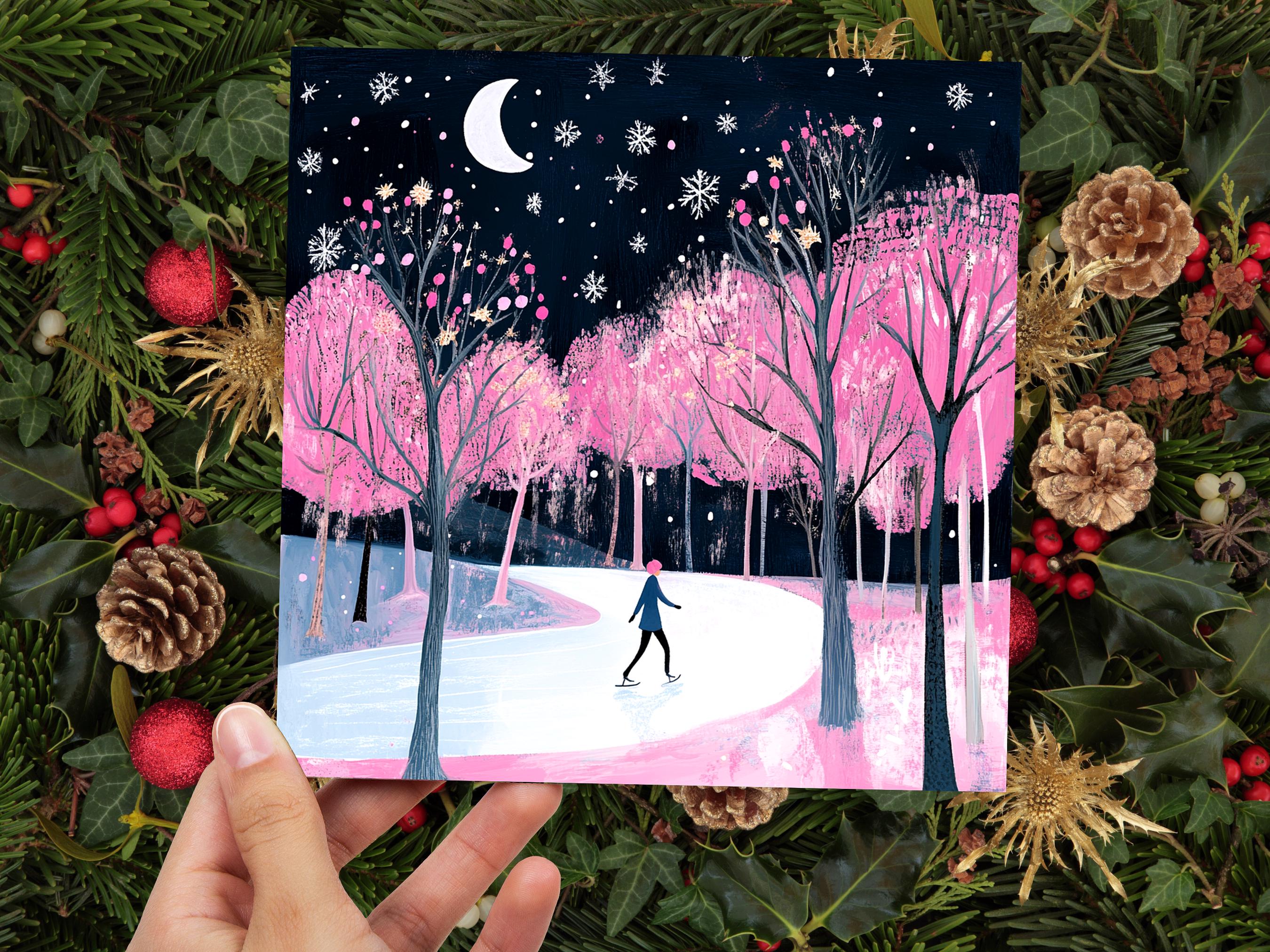 Ice Skating Christmas Card Magical Winter Night Trees Starry Night Moonlit Scene Snow Icy Frozen River Snowflakes Black and Pink Xmas 2024 - View 6