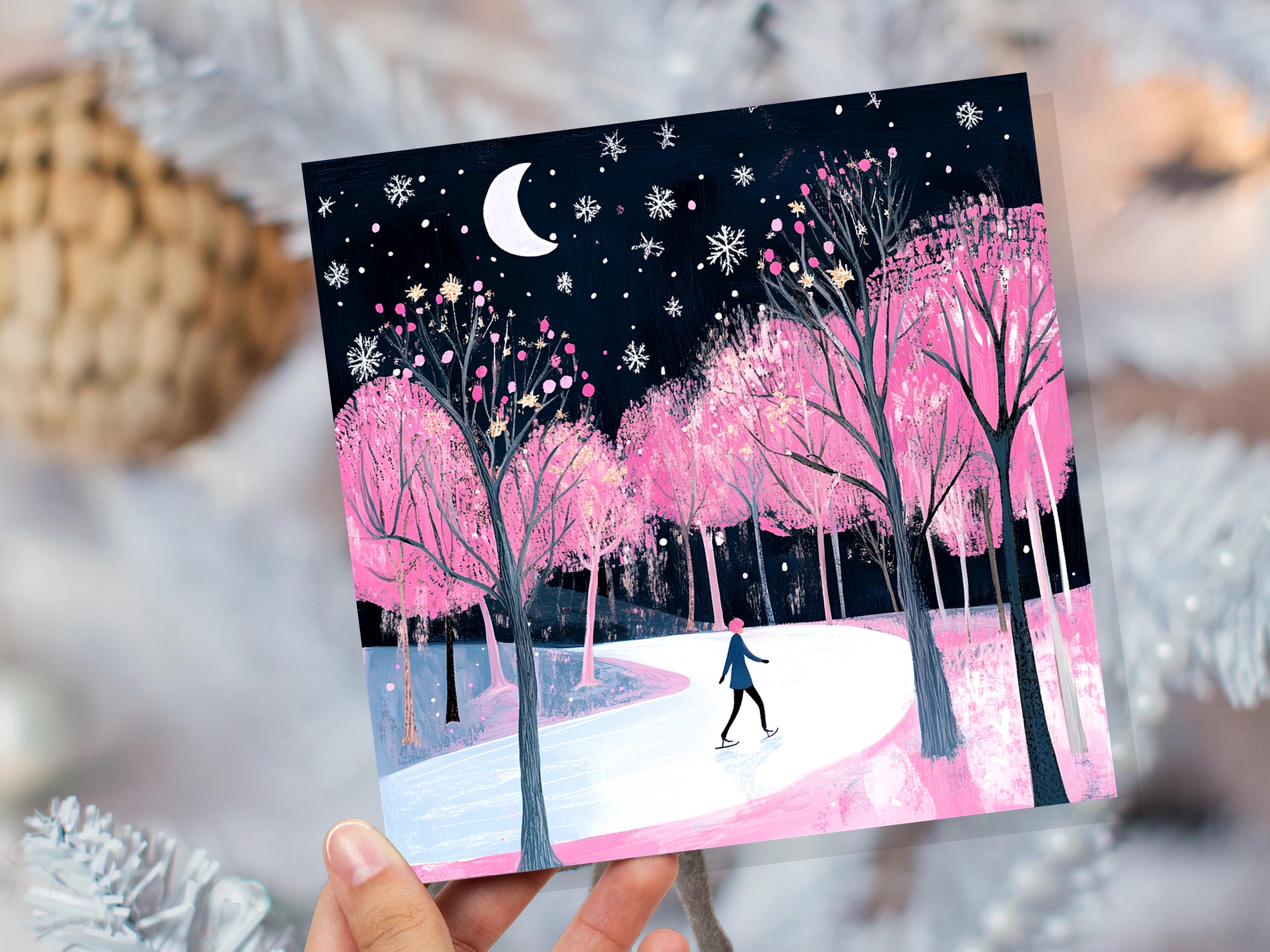 Ice Skating Christmas Card Magical Winter Night Trees Starry Night Moonlit Scene Snow Icy Frozen River Snowflakes Black and Pink Xmas 2024 - View 7