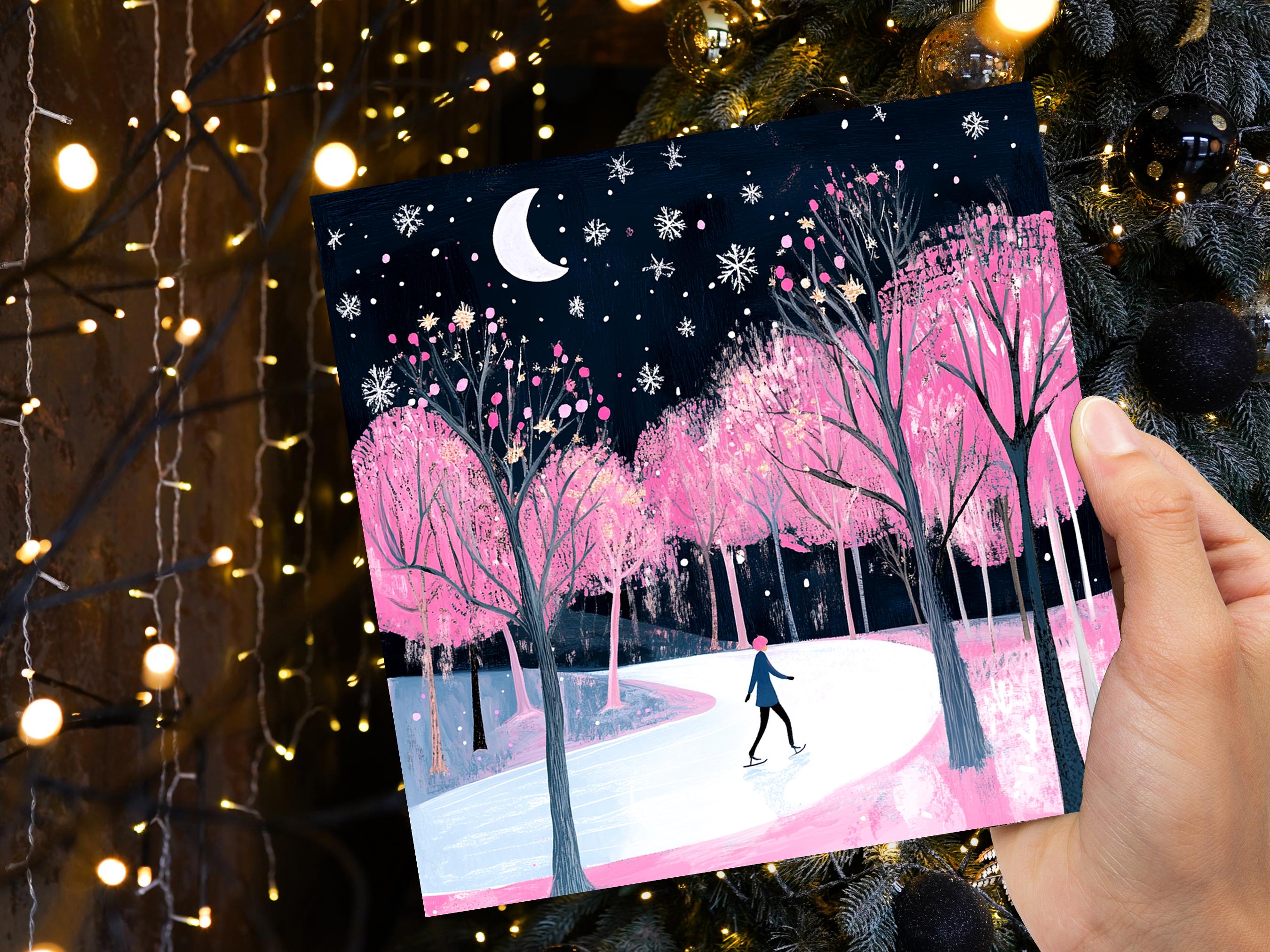 Ice Skating Christmas Card Magical Winter Night Trees Starry Night Moonlit Scene Snow Icy Frozen River Snowflakes Black and Pink Xmas 2024 - View 8