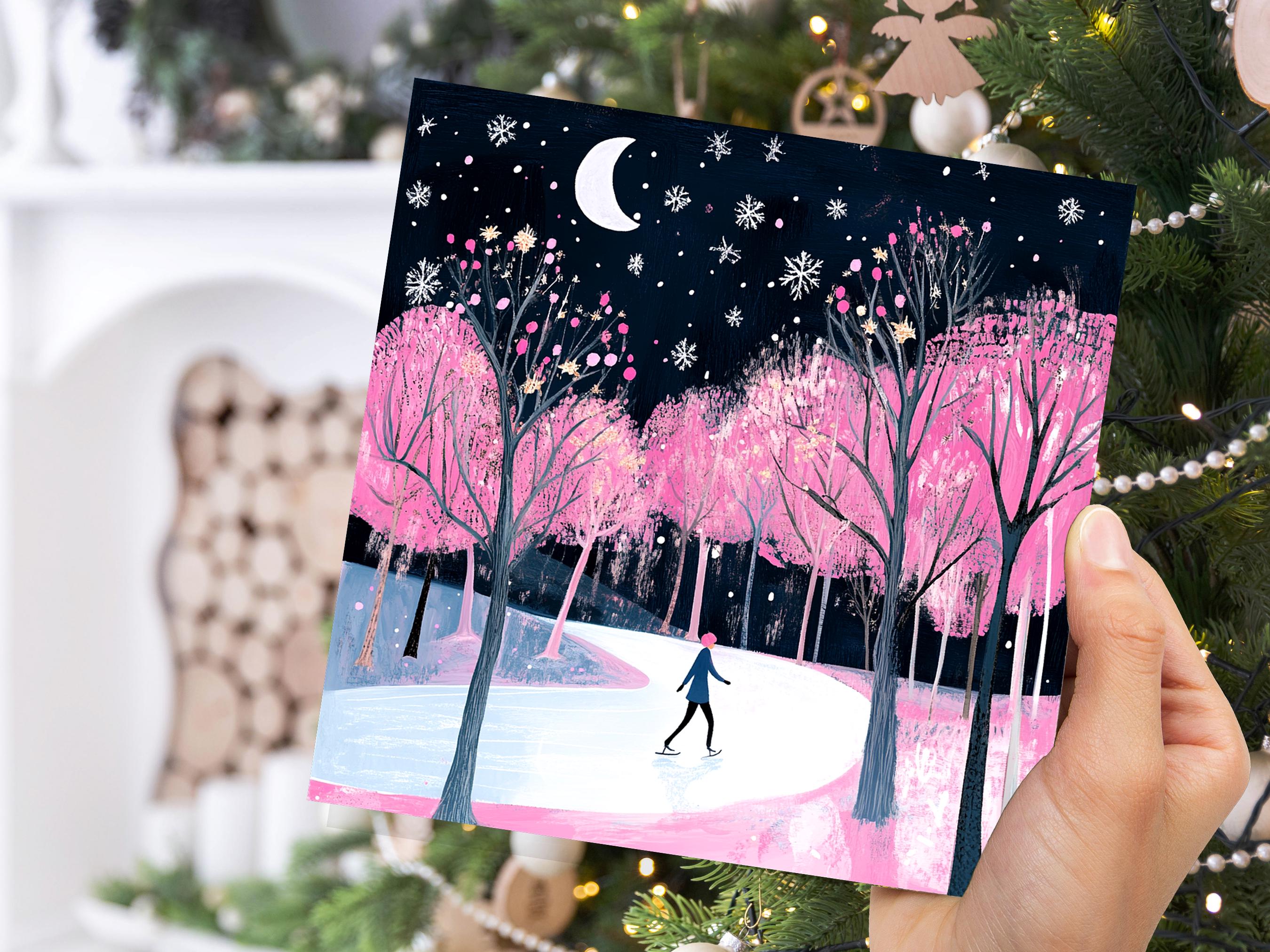 Ice Skating Christmas Card Magical Winter Night Trees Starry Night Moonlit Scene Snow Icy Frozen River Snowflakes Black and Pink Xmas 2024 - View 9