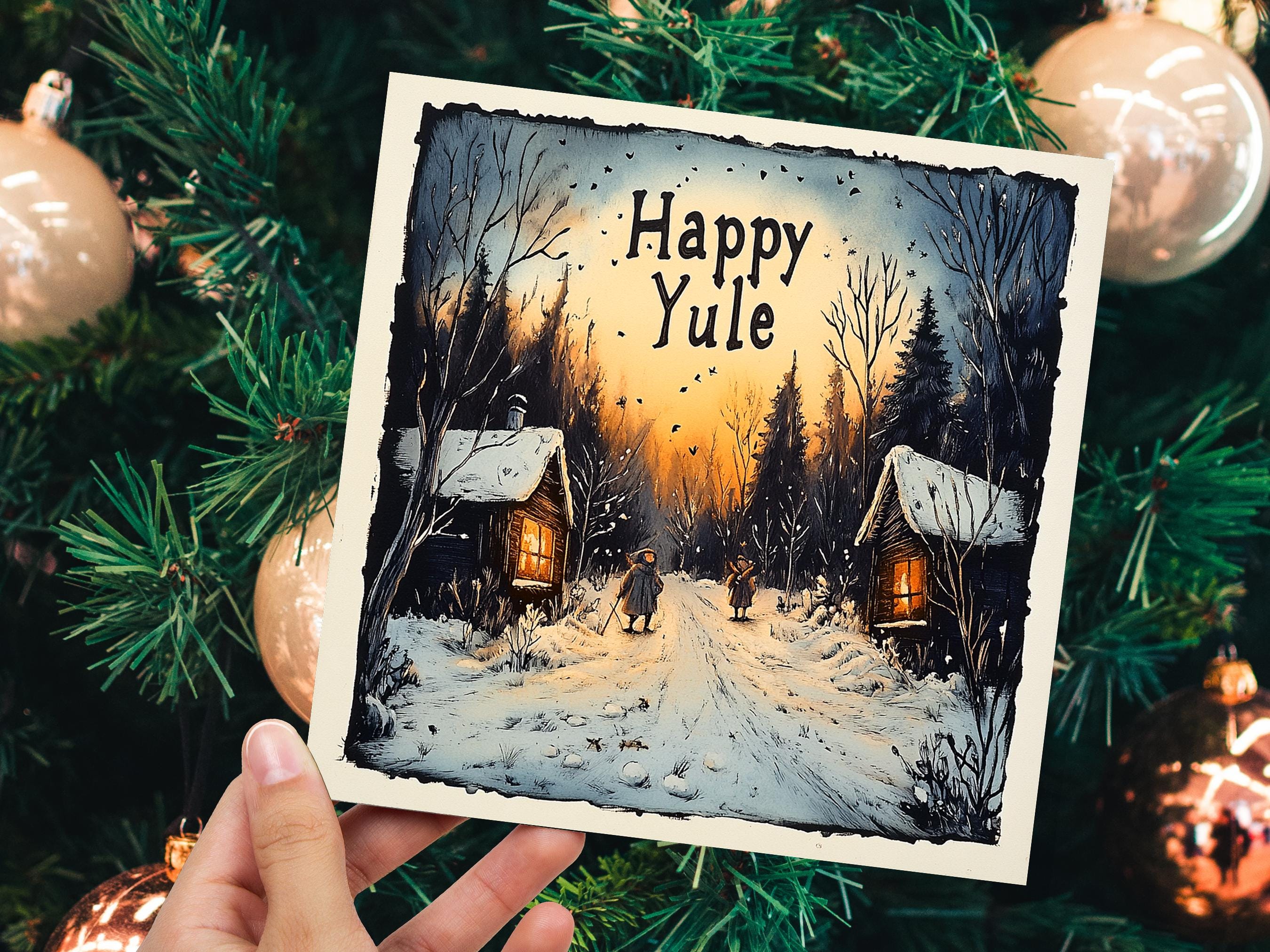 Happy Yule Pagan Holiday Card Yuletide Greetings Vintage Snowy Winter Solstice Forest Log Cabin Village Scene Cosy Lights New for Yule 2024