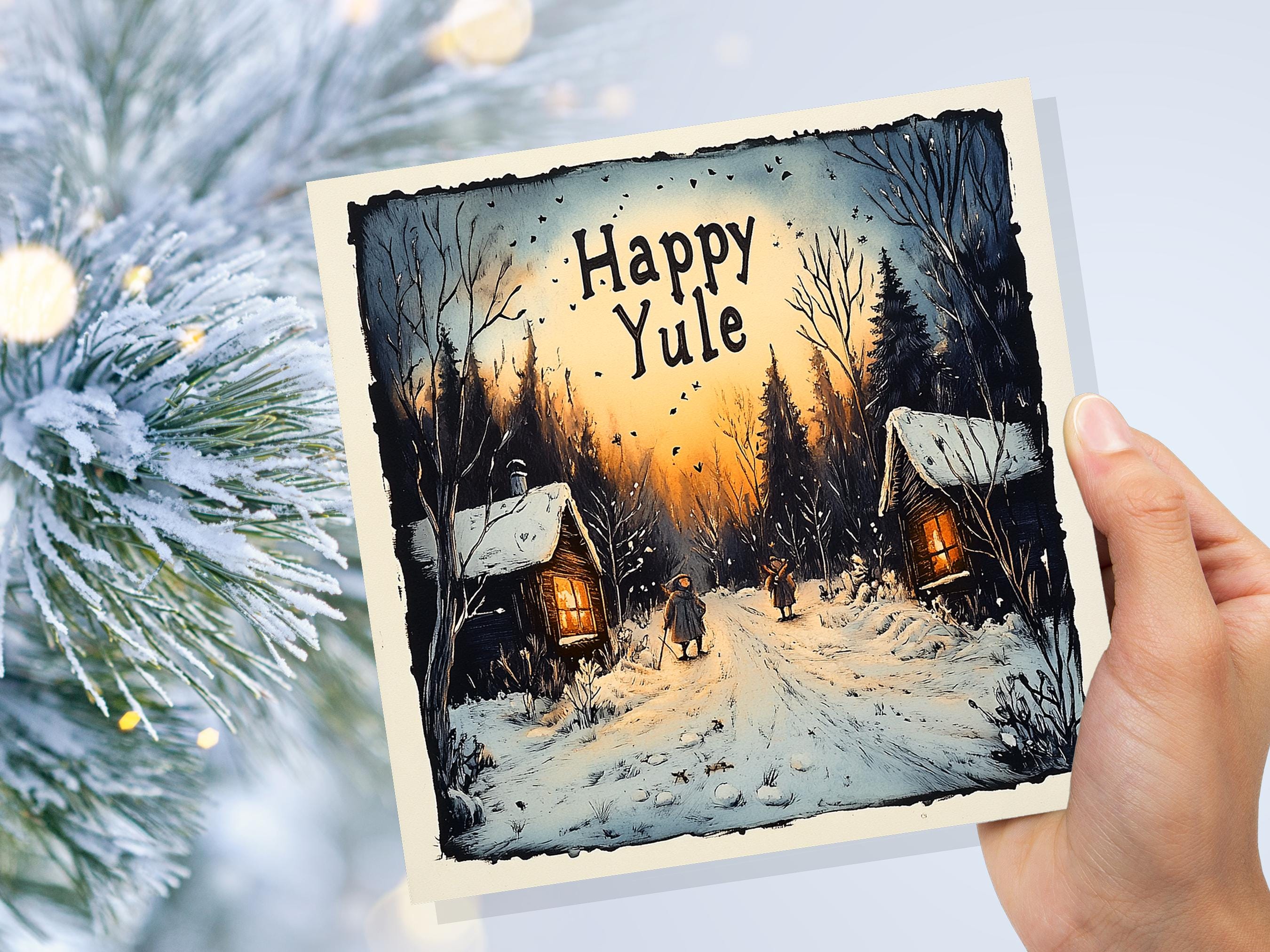 Happy Yule Pagan Holiday Card Yuletide Greetings Vintage Snowy Winter Solstice Forest Log Cabin Village Scene Cosy Lights New for Yule 2024 - View 2