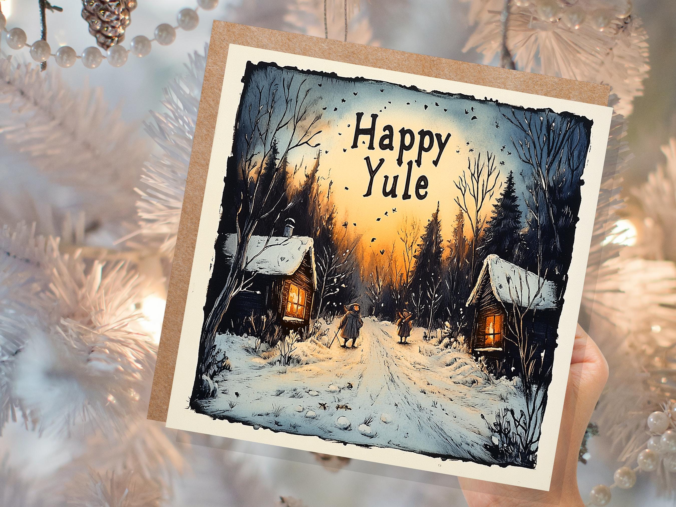 Happy Yule Pagan Holiday Card Yuletide Greetings Vintage Snowy Winter Solstice Forest Log Cabin Village Scene Cosy Lights New for Yule 2024 - View 3