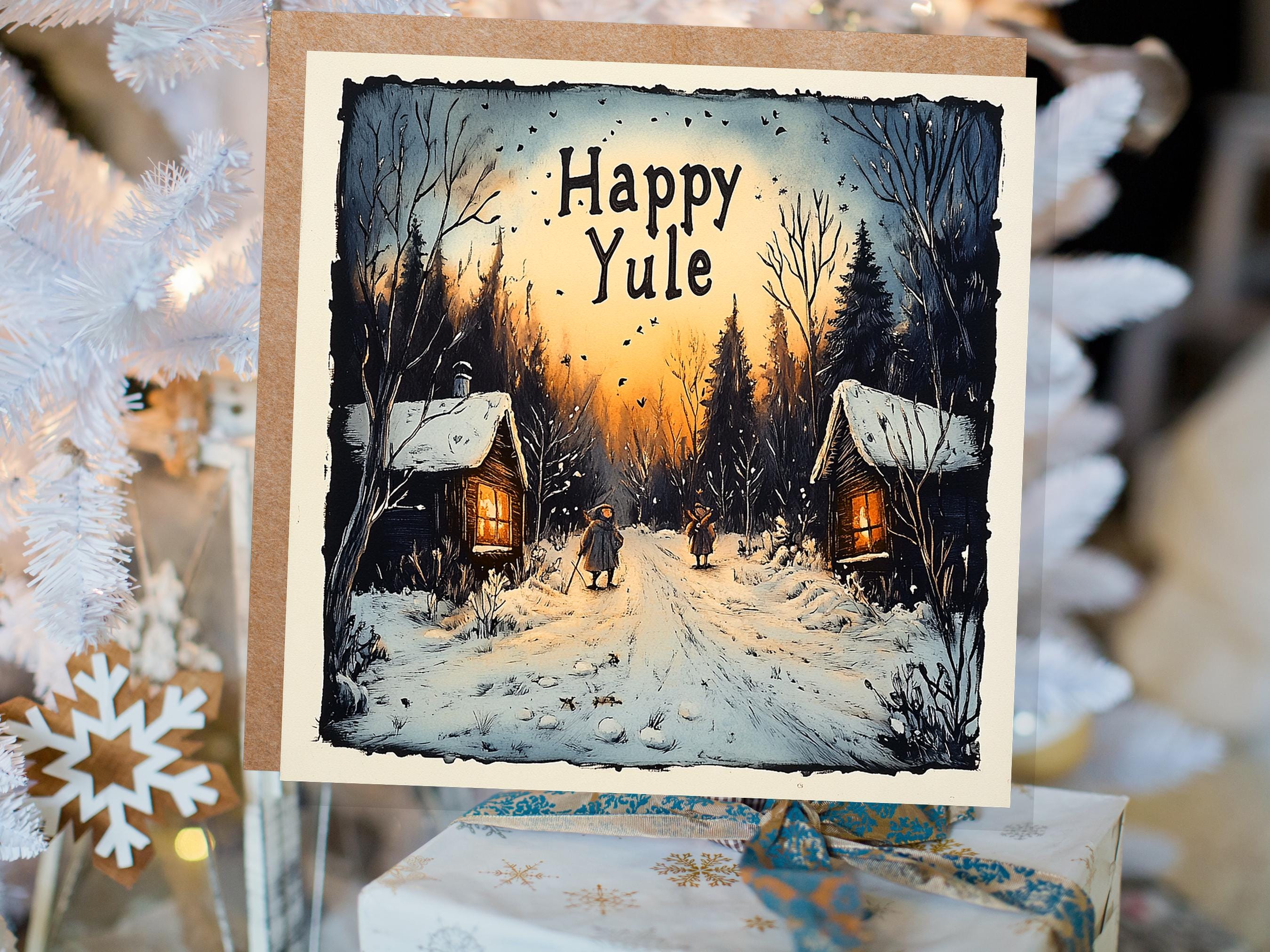 Happy Yule Pagan Holiday Card Yuletide Greetings Vintage Snowy Winter Solstice Forest Log Cabin Village Scene Cosy Lights New for Yule 2024 - View 4