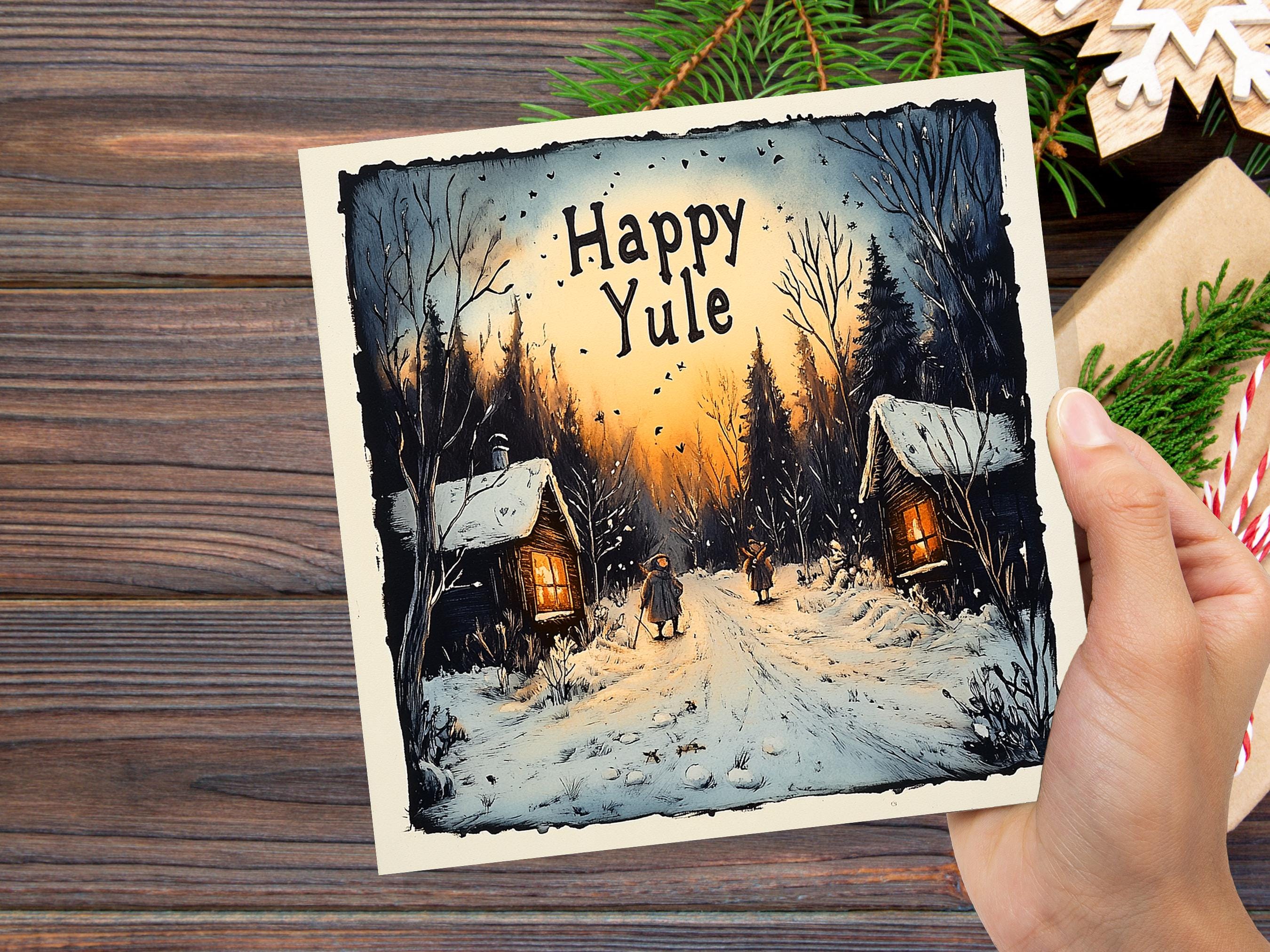 Happy Yule Pagan Holiday Card Yuletide Greetings Vintage Snowy Winter Solstice Forest Log Cabin Village Scene Cosy Lights New for Yule 2024 - View 5