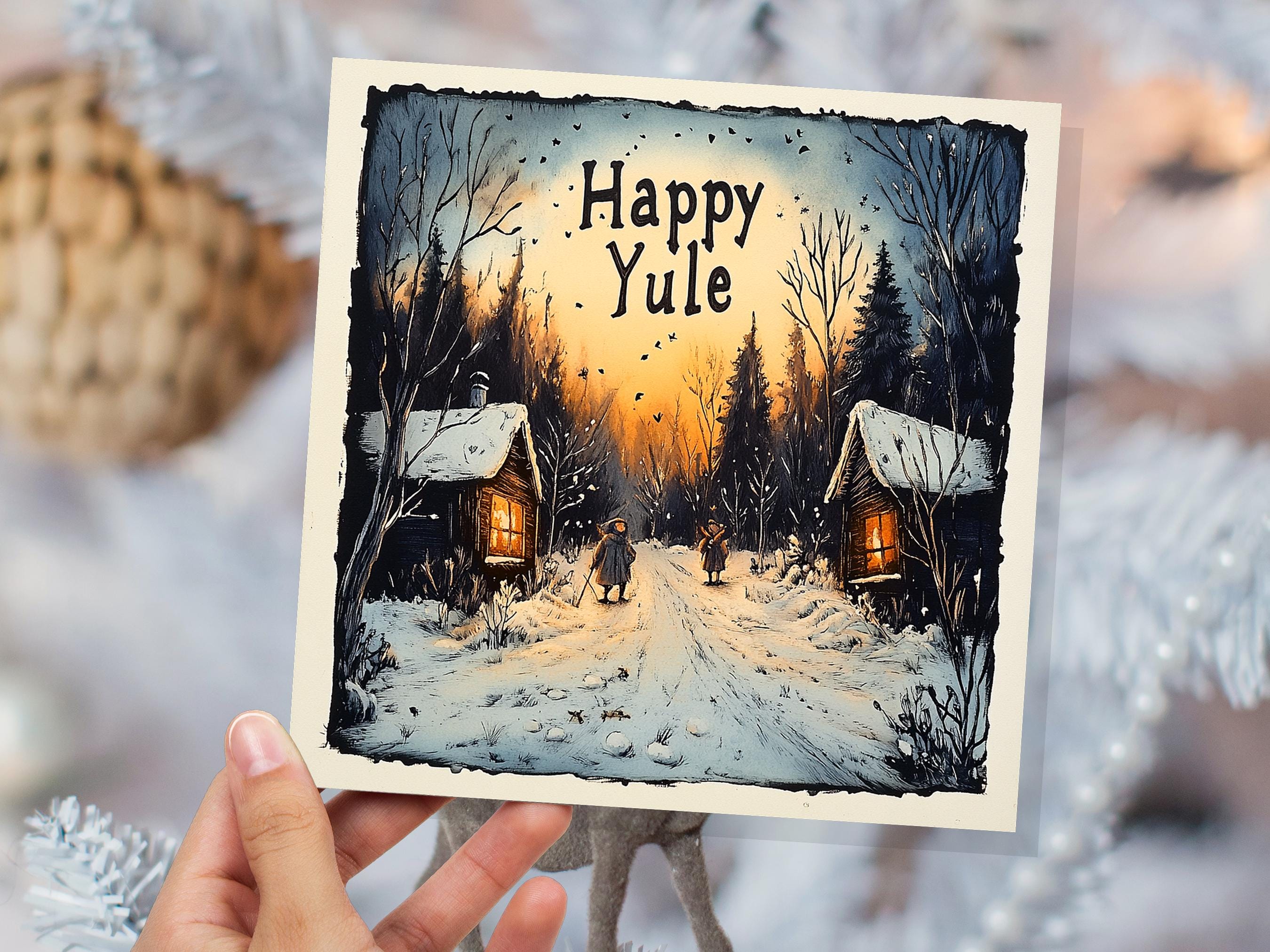 Happy Yule Pagan Holiday Card Yuletide Greetings Vintage Snowy Winter Solstice Forest Log Cabin Village Scene Cosy Lights New for Yule 2024 - View 6